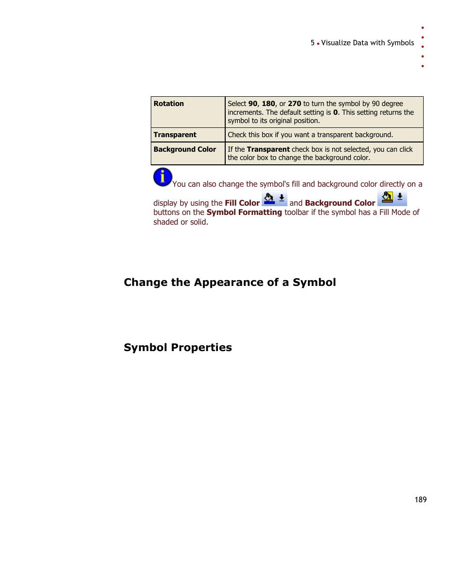 Change the appearance of a symbol, Symbol properties | Rockwell Automation FactoryTalk Historian SE ProcessBook 3.2 User Guide User Manual | Page 207 / 378