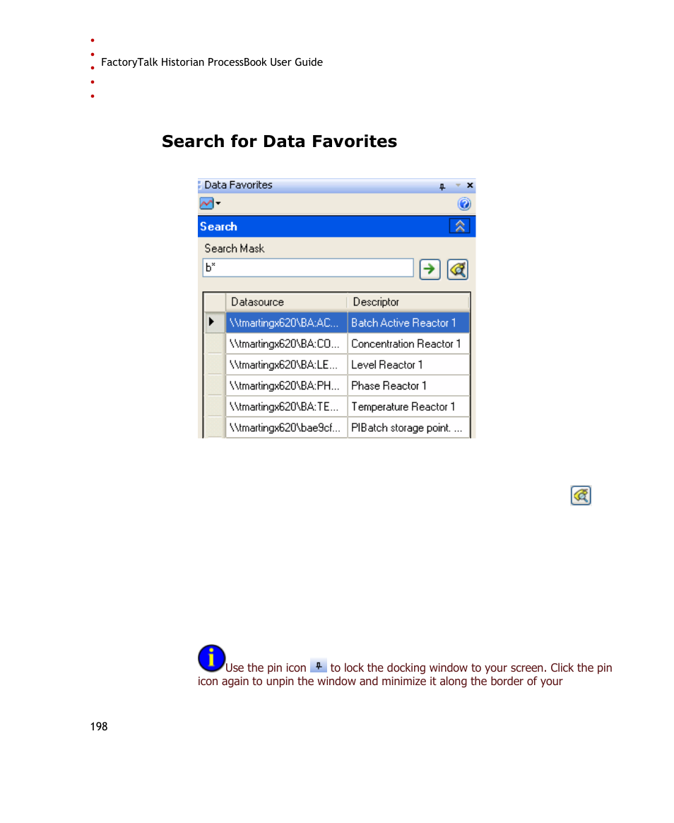 Search for data favorites, E 198) | Rockwell Automation FactoryTalk Historian SE ProcessBook 3.2 User Guide User Manual | Page 216 / 378