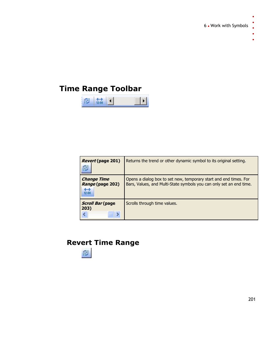 Time range toolbar, Revert time range | Rockwell Automation FactoryTalk Historian SE ProcessBook 3.2 User Guide User Manual | Page 219 / 378