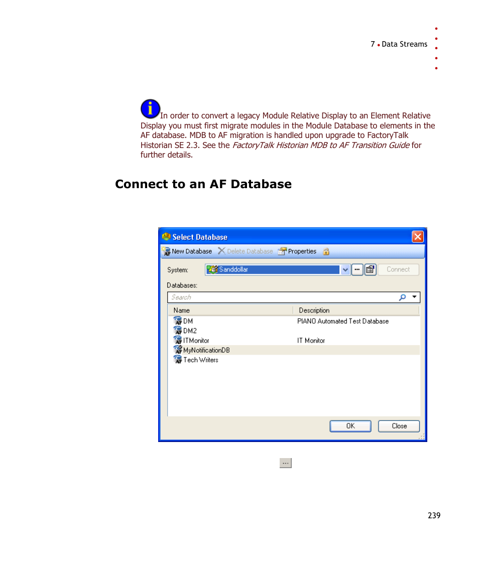 Connect to an af database | Rockwell Automation FactoryTalk Historian SE ProcessBook 3.2 User Guide User Manual | Page 257 / 378