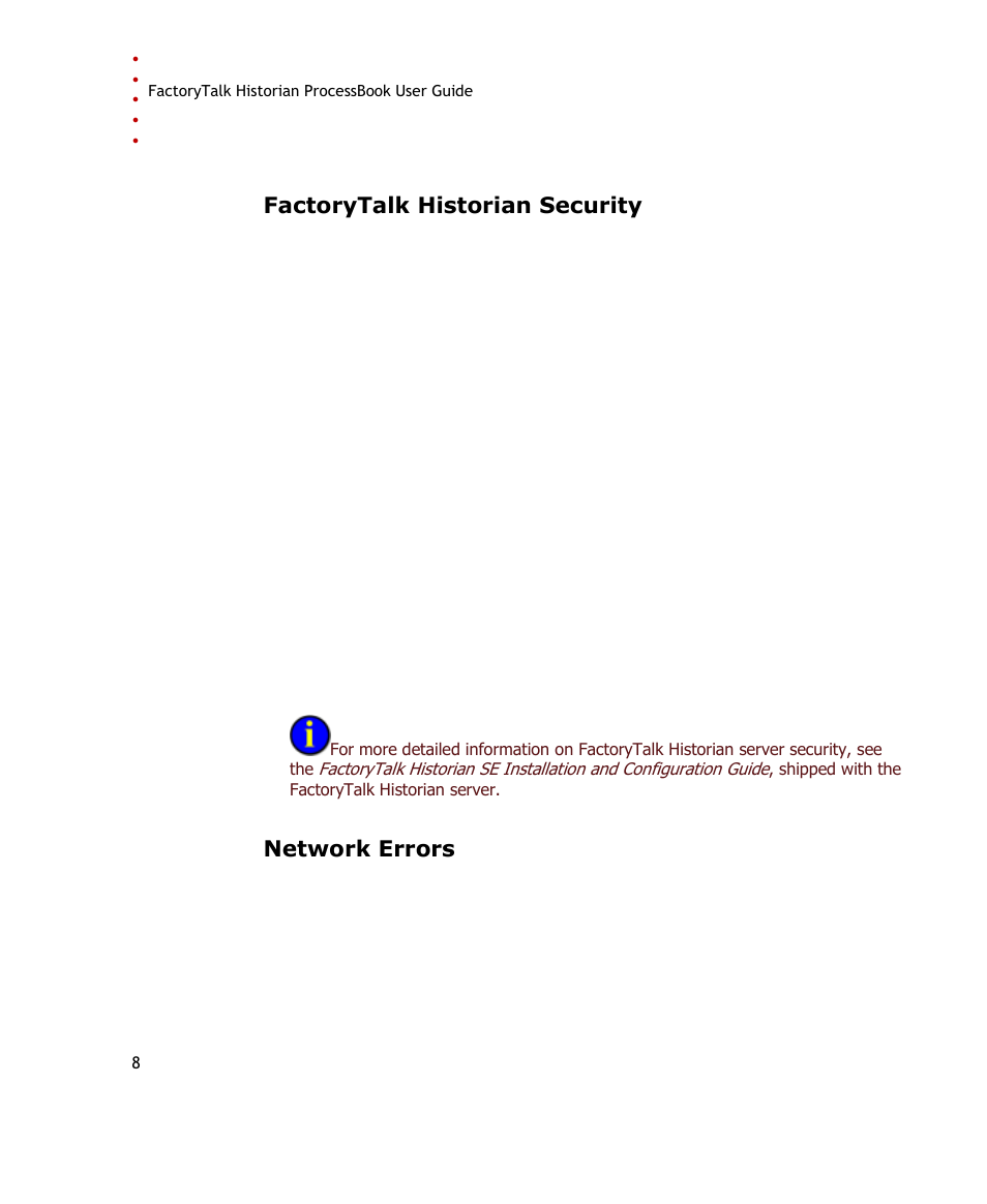 Factorytalk historian security, Network errors | Rockwell Automation FactoryTalk Historian SE ProcessBook 3.2 User Guide User Manual | Page 26 / 378
