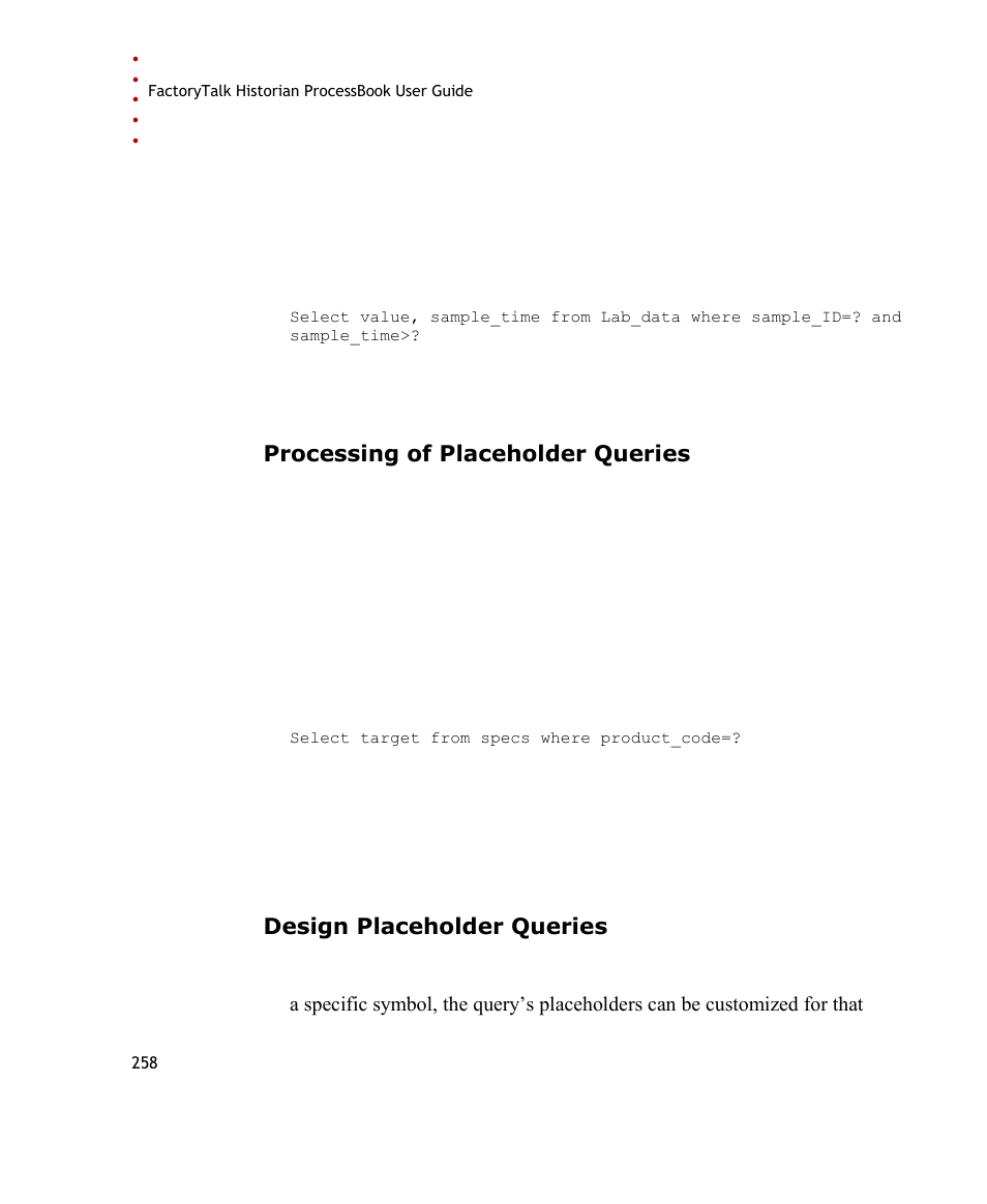 Processing of placeholder queries, Design placeholder queries | Rockwell Automation FactoryTalk Historian SE ProcessBook 3.2 User Guide User Manual | Page 276 / 378