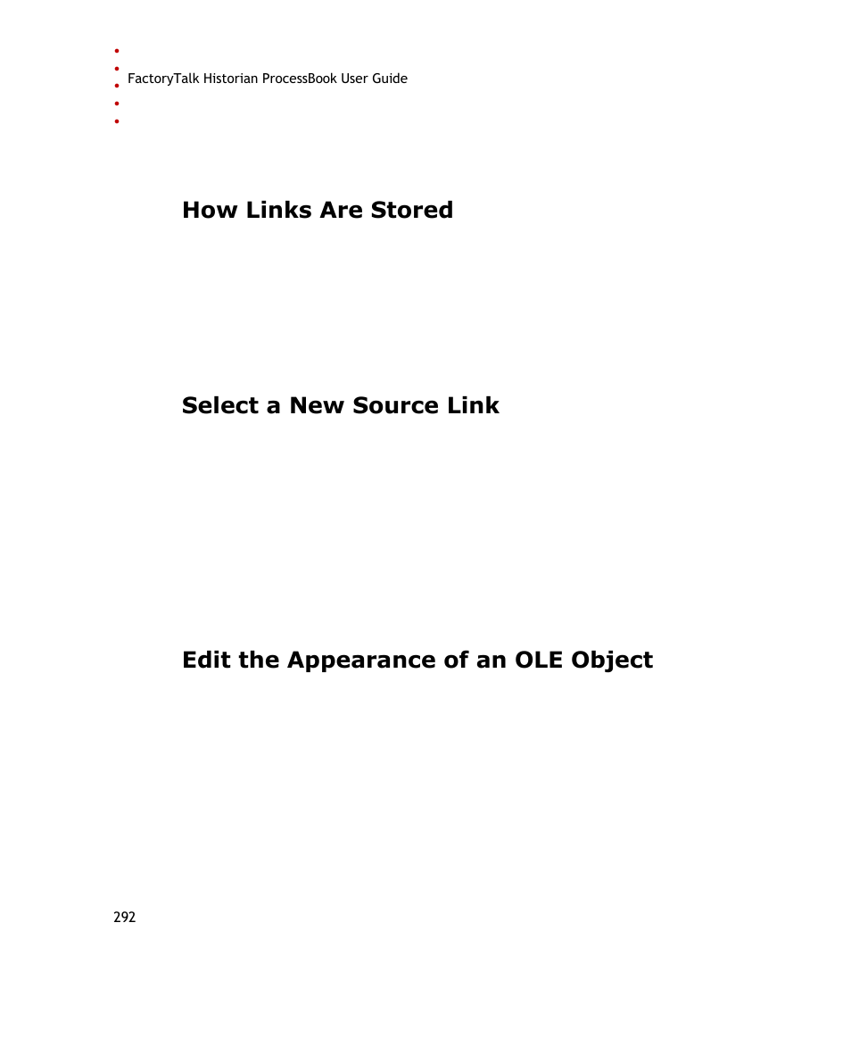 How links are stored, Select a new source link, Edit the appearance of an ole object | Rockwell Automation FactoryTalk Historian SE ProcessBook 3.2 User Guide User Manual | Page 310 / 378