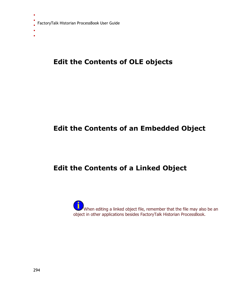 Edit the contents of ole objects, Edit the contents of an embedded object, Edit the contents of a linked object | Rockwell Automation FactoryTalk Historian SE ProcessBook 3.2 User Guide User Manual | Page 312 / 378