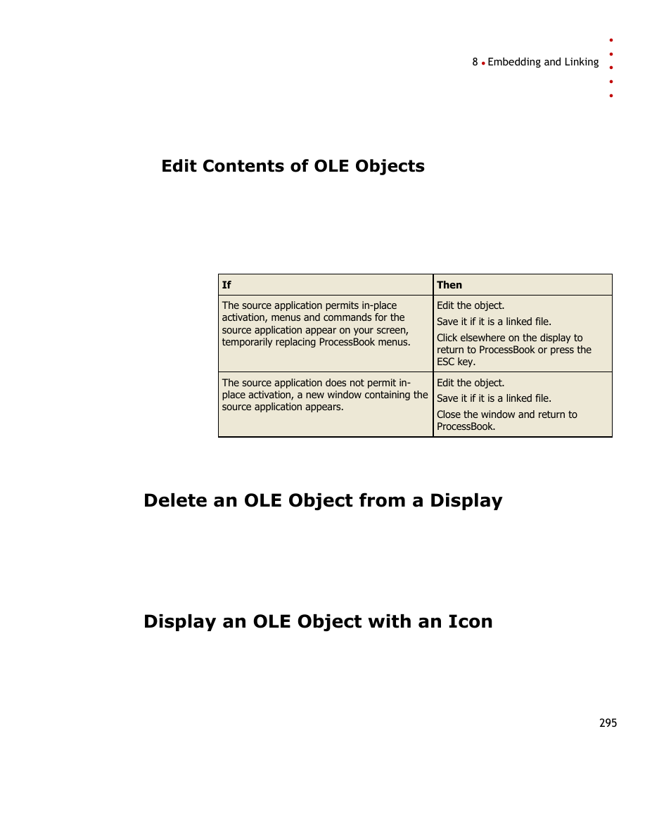 Edit contents of ole objects, Delete an ole object from a display, Display an ole object with an icon | Rockwell Automation FactoryTalk Historian SE ProcessBook 3.2 User Guide User Manual | Page 313 / 378