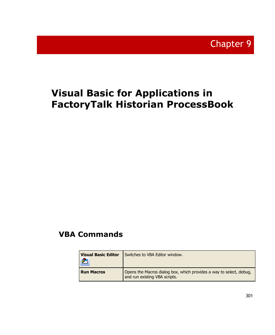 Vba commands, Chapter 9 | Rockwell Automation FactoryTalk Historian SE ProcessBook 3.2 User Guide User Manual | Page 319 / 378