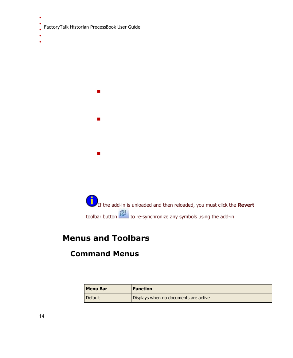 Menus and toolbars, Command menus | Rockwell Automation FactoryTalk Historian SE ProcessBook 3.2 User Guide User Manual | Page 32 / 378
