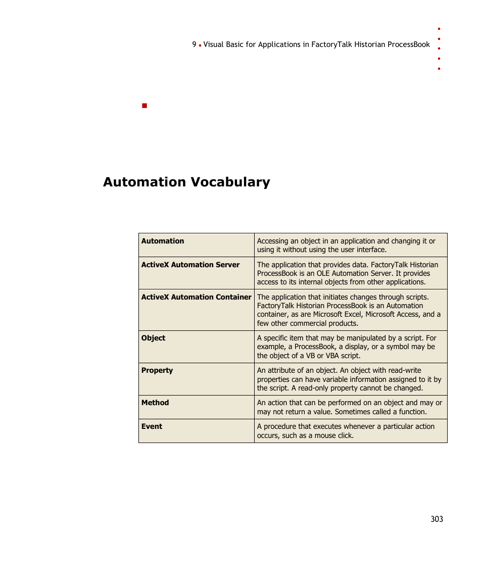Automation vocabulary | Rockwell Automation FactoryTalk Historian SE ProcessBook 3.2 User Guide User Manual | Page 321 / 378