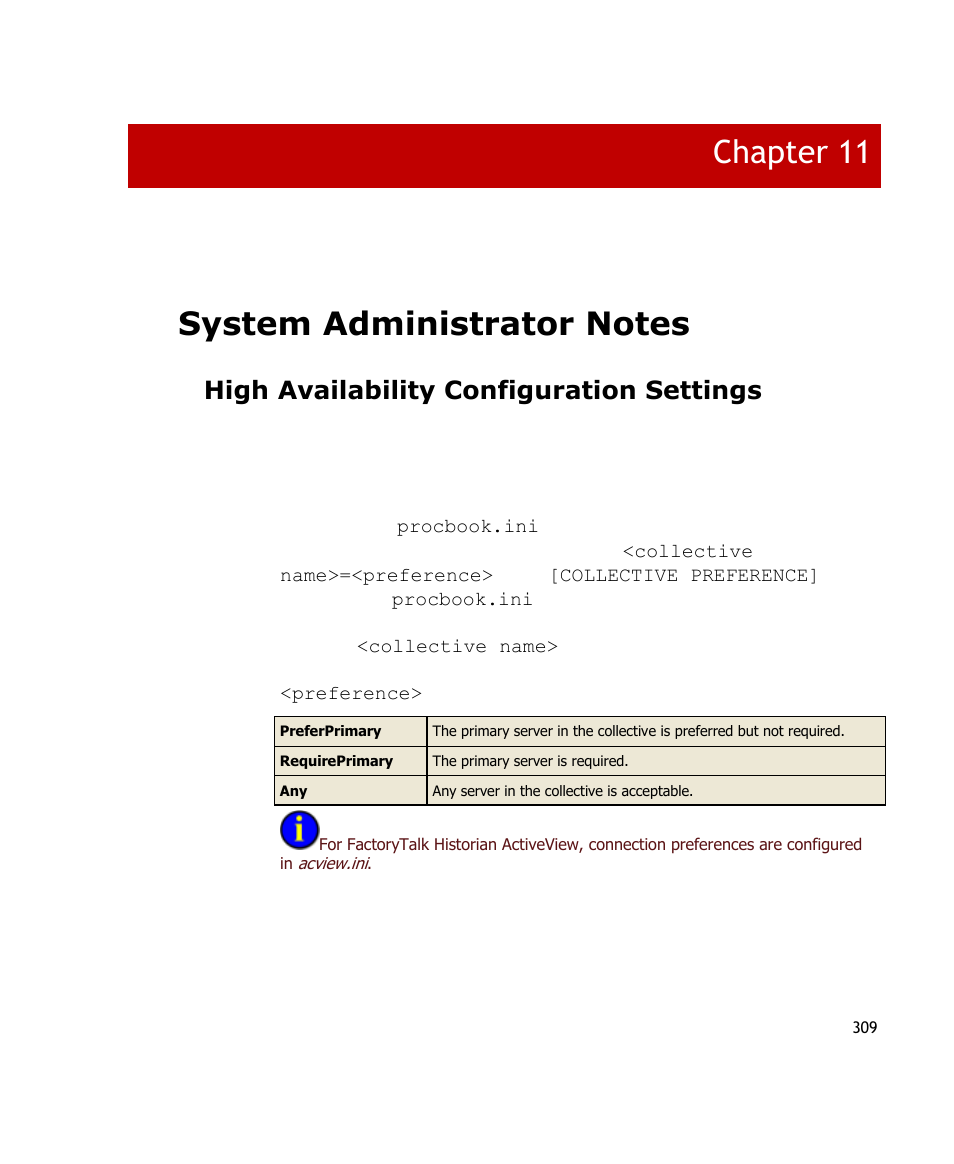 System administrator notes, High availability configuration settings, Chapter 11 | Rockwell Automation FactoryTalk Historian SE ProcessBook 3.2 User Guide User Manual | Page 327 / 378