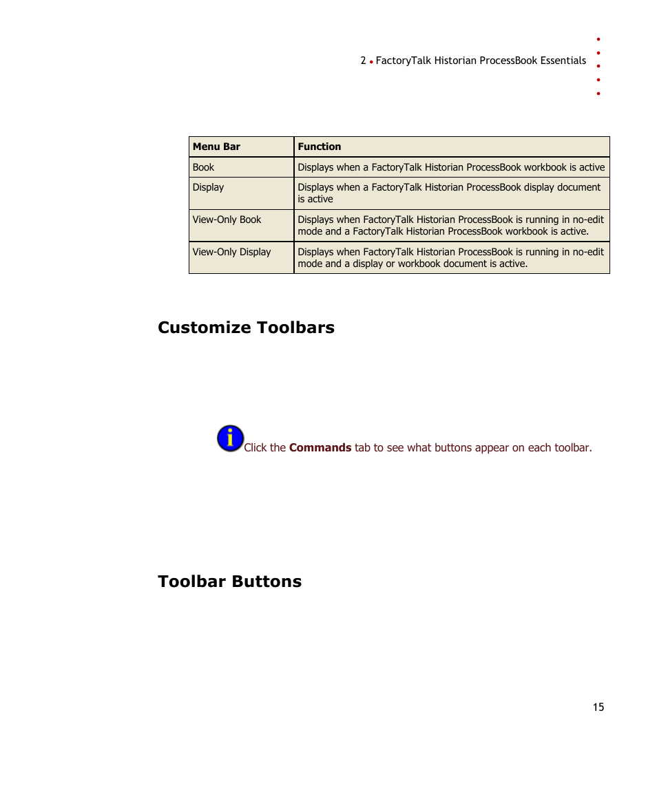 Customize toolbars, Toolbar buttons | Rockwell Automation FactoryTalk Historian SE ProcessBook 3.2 User Guide User Manual | Page 33 / 378