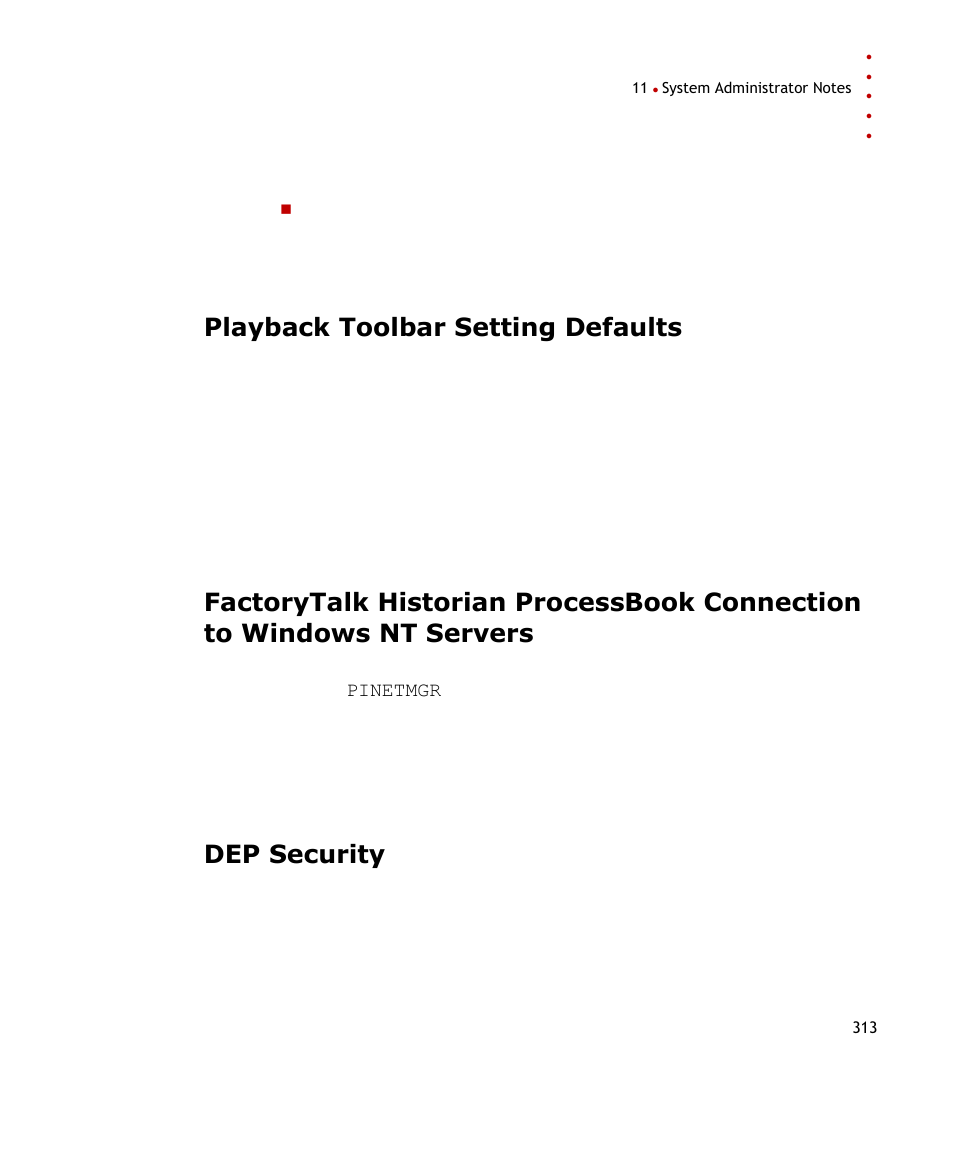 Playback toolbar setting defaults, Dep security | Rockwell Automation FactoryTalk Historian SE ProcessBook 3.2 User Guide User Manual | Page 331 / 378