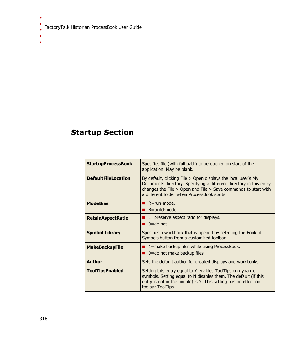 Startup section | Rockwell Automation FactoryTalk Historian SE ProcessBook 3.2 User Guide User Manual | Page 334 / 378
