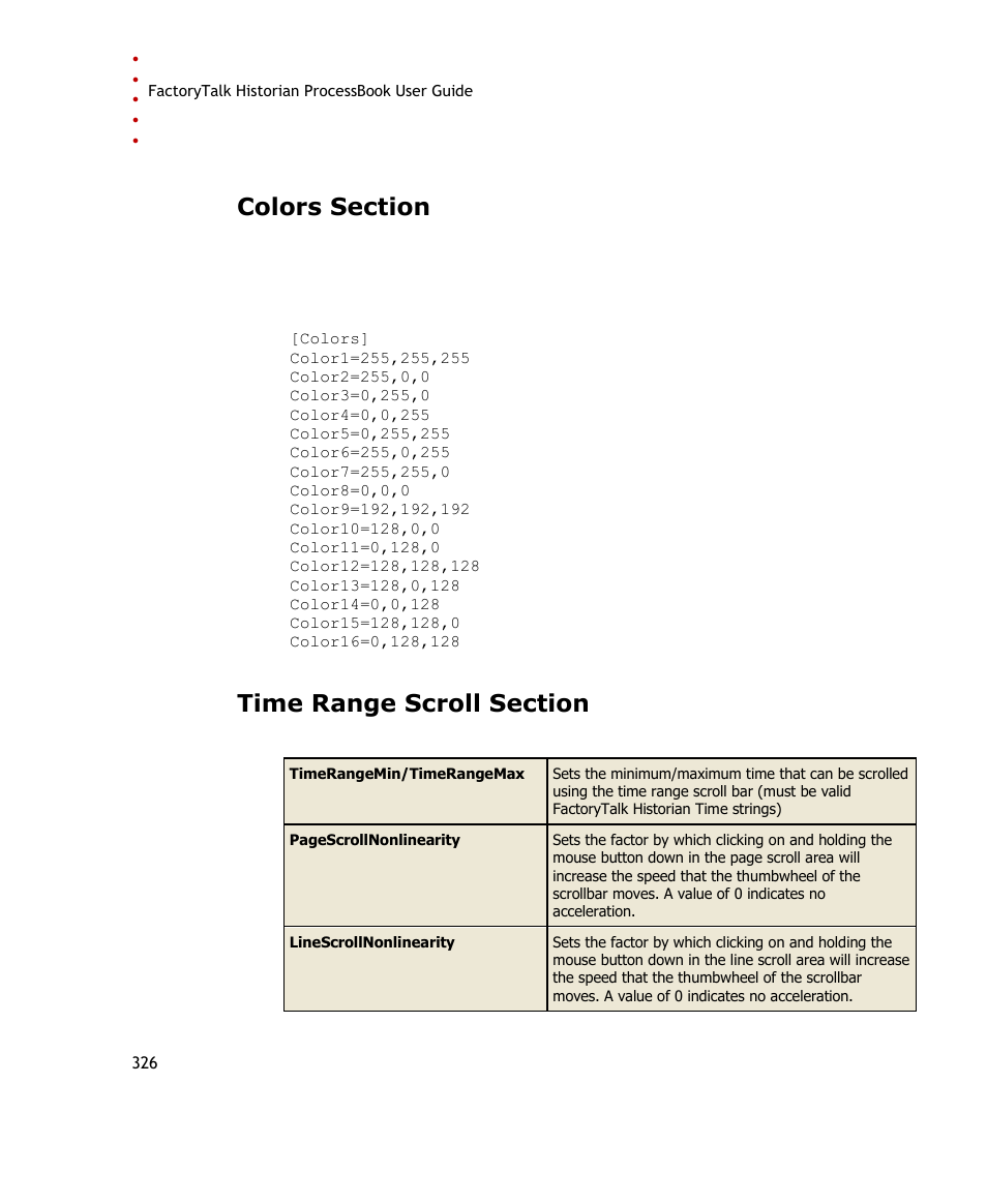 Colors section, Time range scroll section, Possible entries | Rockwell Automation FactoryTalk Historian SE ProcessBook 3.2 User Guide User Manual | Page 344 / 378