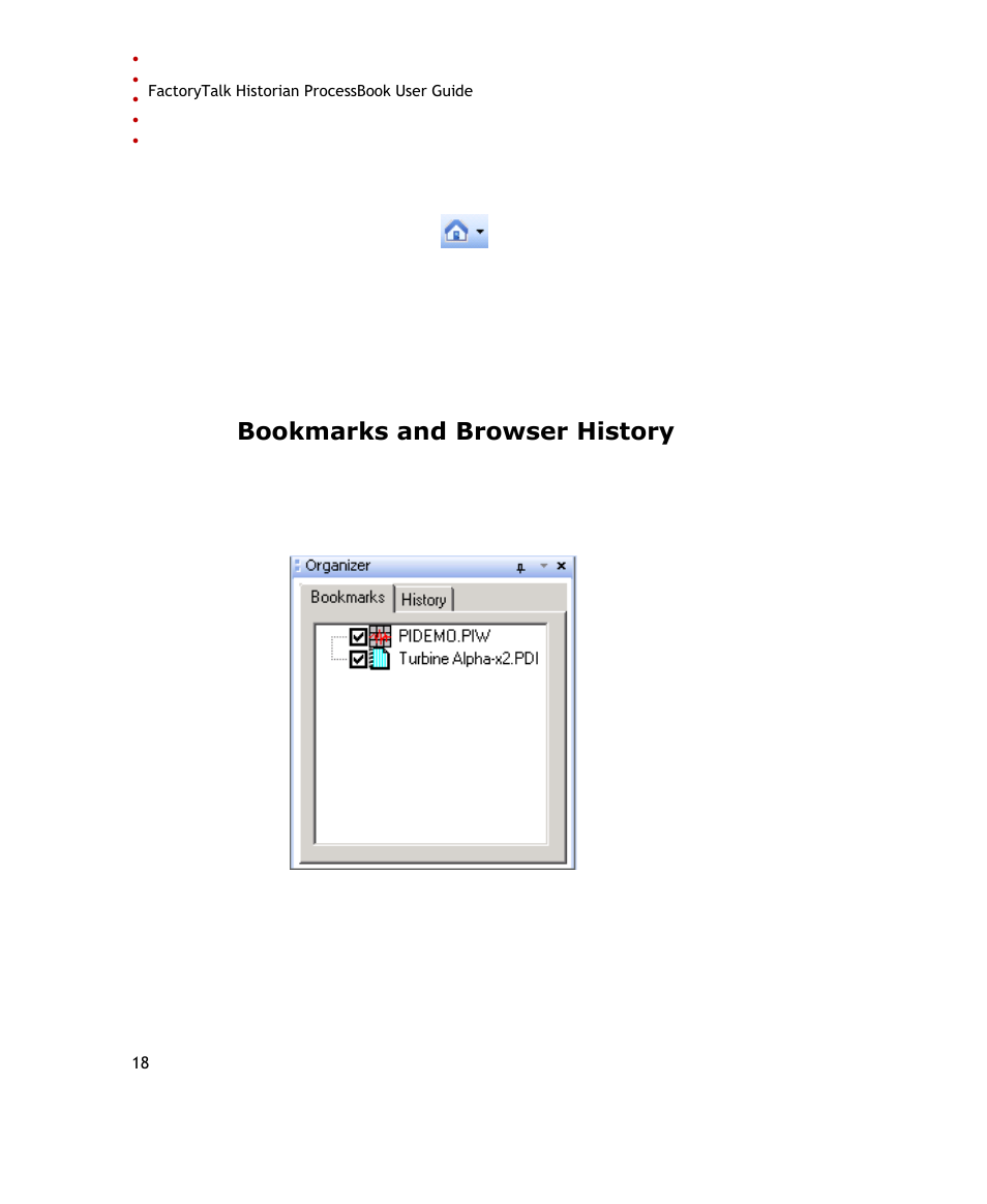 Bookmarks and browser history | Rockwell Automation FactoryTalk Historian SE ProcessBook 3.2 User Guide User Manual | Page 36 / 378