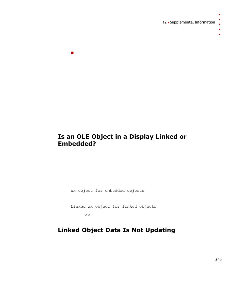 Is an ole object in a display linked or embedded, Linked object data is not updating | Rockwell Automation FactoryTalk Historian SE ProcessBook 3.2 User Guide User Manual | Page 363 / 378