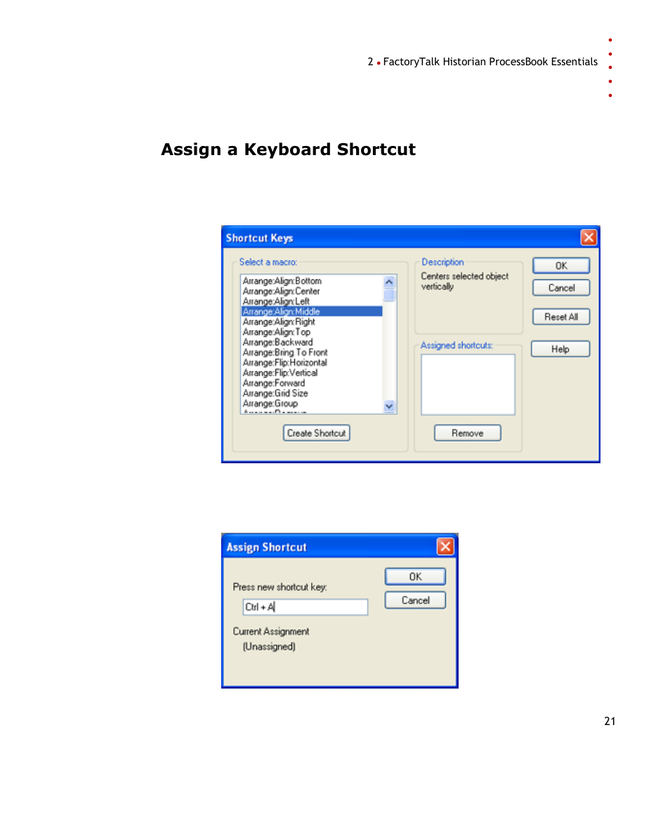 Assign a keyboard shortcut | Rockwell Automation FactoryTalk Historian SE ProcessBook 3.2 User Guide User Manual | Page 39 / 378