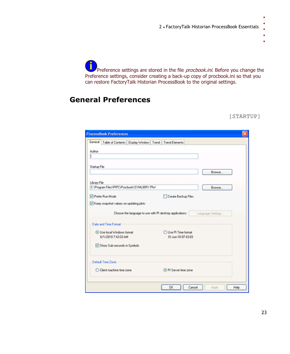 General preferences | Rockwell Automation FactoryTalk Historian SE ProcessBook 3.2 User Guide User Manual | Page 41 / 378