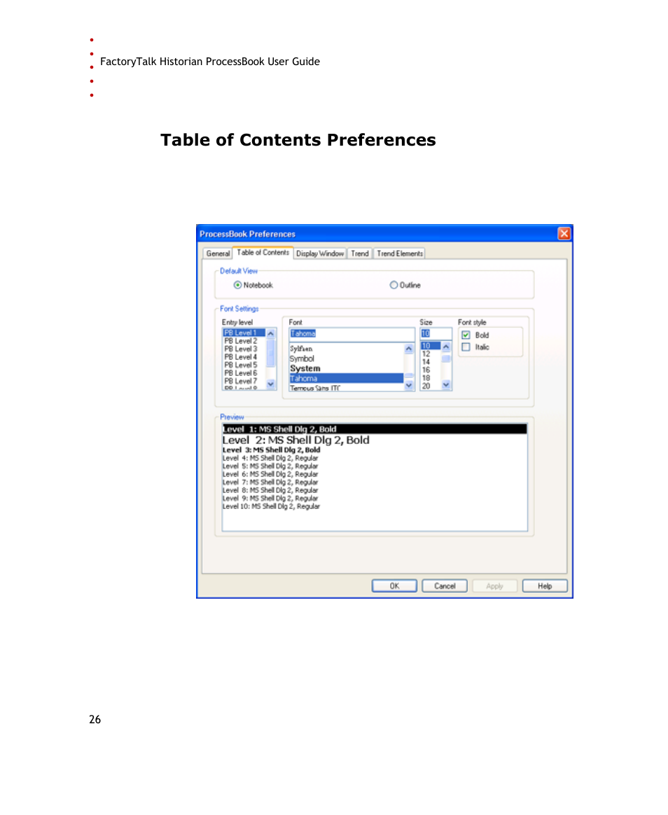 Table of contents preferences | Rockwell Automation FactoryTalk Historian SE ProcessBook 3.2 User Guide User Manual | Page 44 / 378