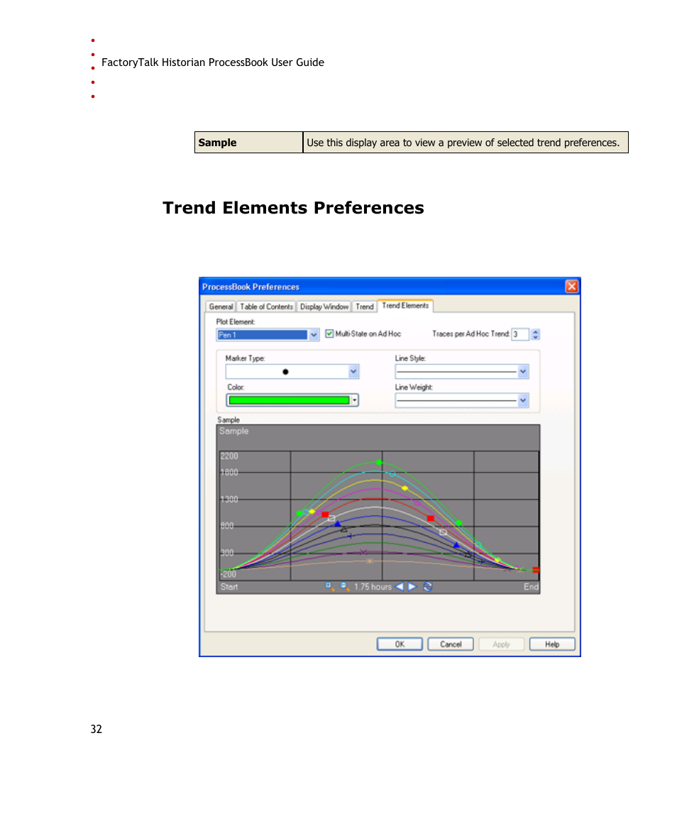 Trend elements preferences | Rockwell Automation FactoryTalk Historian SE ProcessBook 3.2 User Guide User Manual | Page 50 / 378