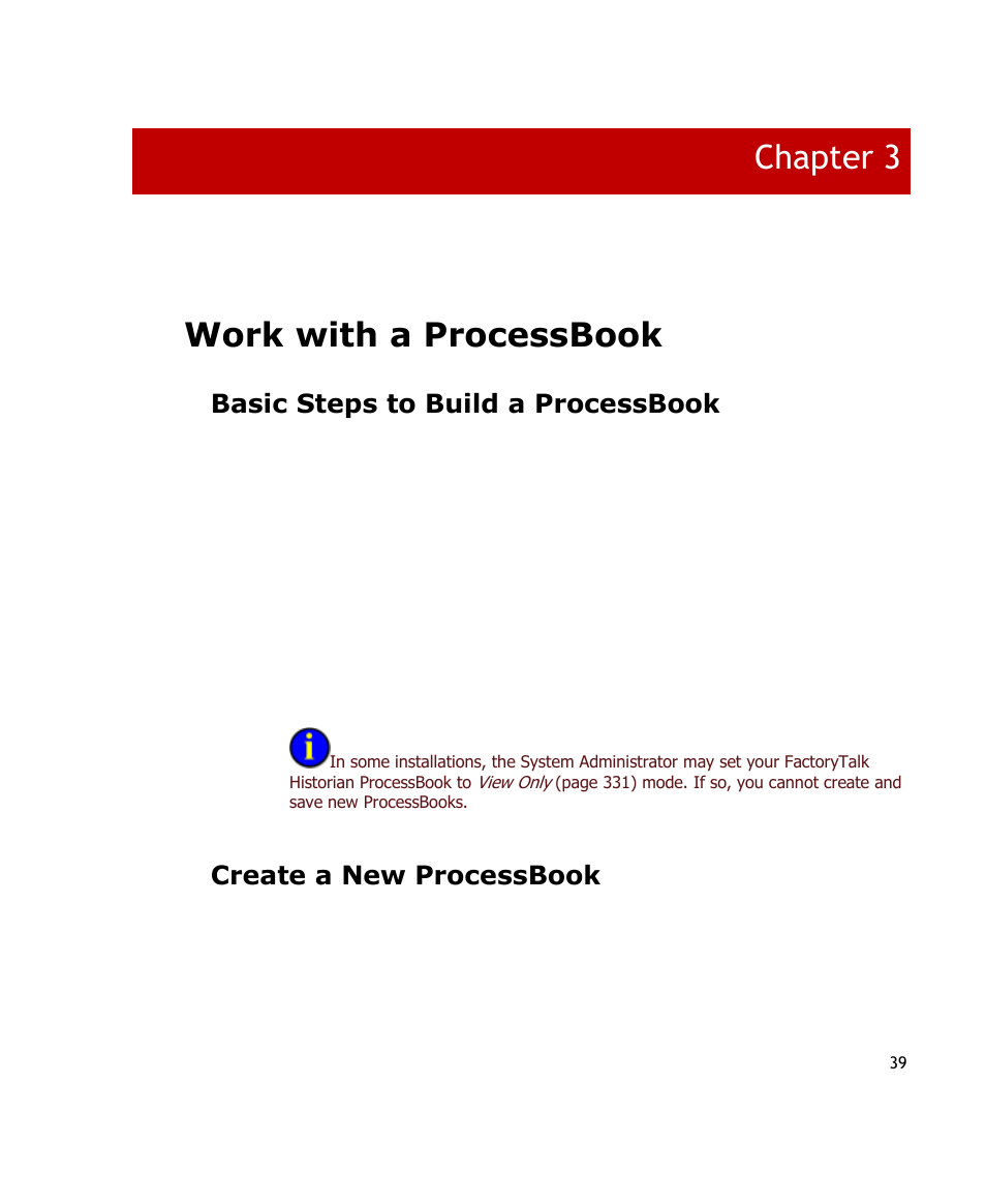 Work with a processbook, Basic steps to build a processbook, Create a new processbook | E 39), Chapter 3 | Rockwell Automation FactoryTalk Historian SE ProcessBook 3.2 User Guide User Manual | Page 57 / 378