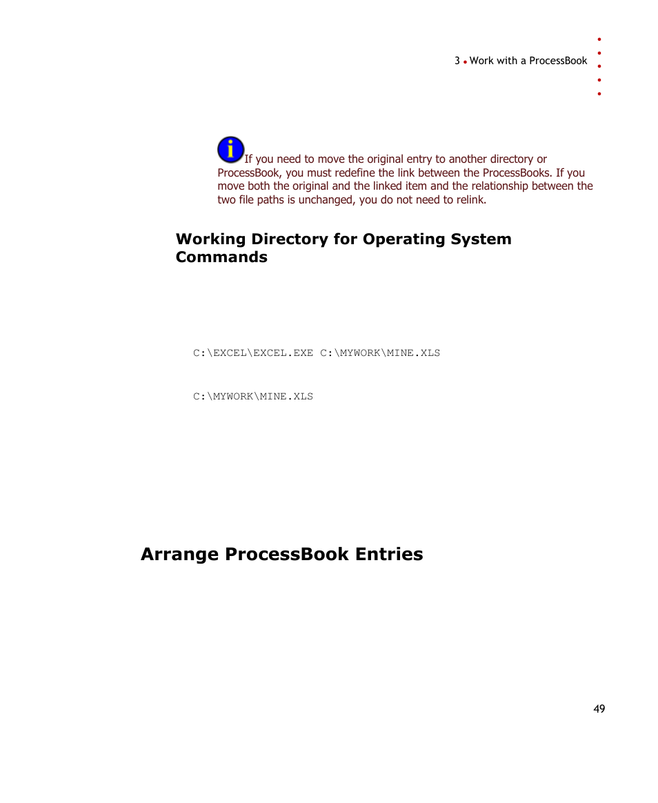 Working directory for operating system commands, Arrange processbook entries | Rockwell Automation FactoryTalk Historian SE ProcessBook 3.2 User Guide User Manual | Page 67 / 378