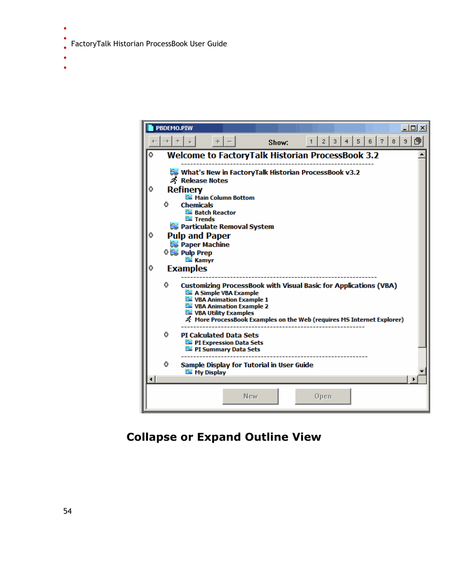 Collapse or expand outline view | Rockwell Automation FactoryTalk Historian SE ProcessBook 3.2 User Guide User Manual | Page 72 / 378