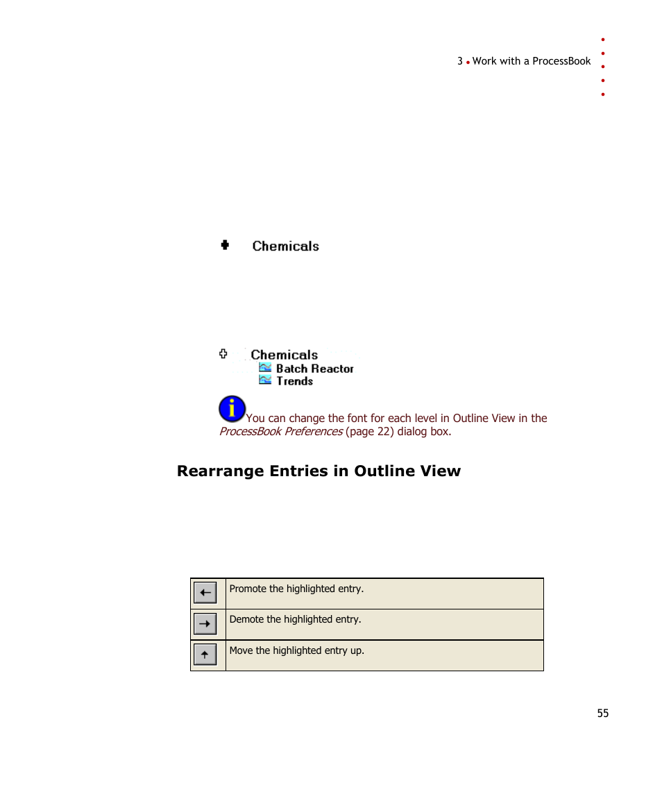 Rearrange entries in outline view | Rockwell Automation FactoryTalk Historian SE ProcessBook 3.2 User Guide User Manual | Page 73 / 378