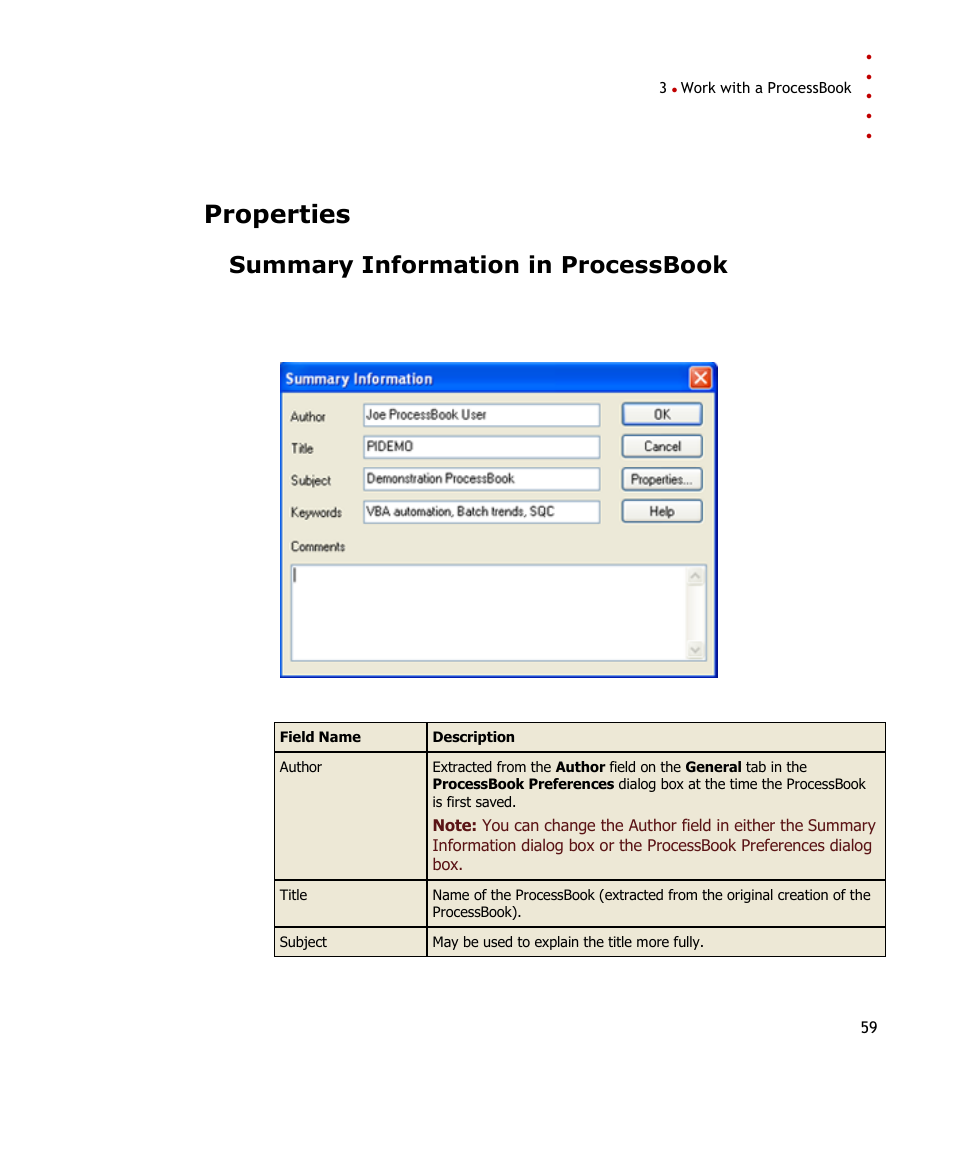 Properties, Summary information in processbook | Rockwell Automation FactoryTalk Historian SE ProcessBook 3.2 User Guide User Manual | Page 77 / 378