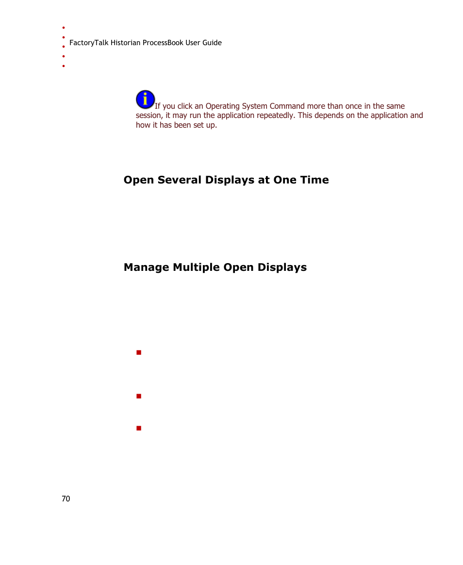 Open several displays at one time, Manage multiple open displays | Rockwell Automation FactoryTalk Historian SE ProcessBook 3.2 User Guide User Manual | Page 88 / 378