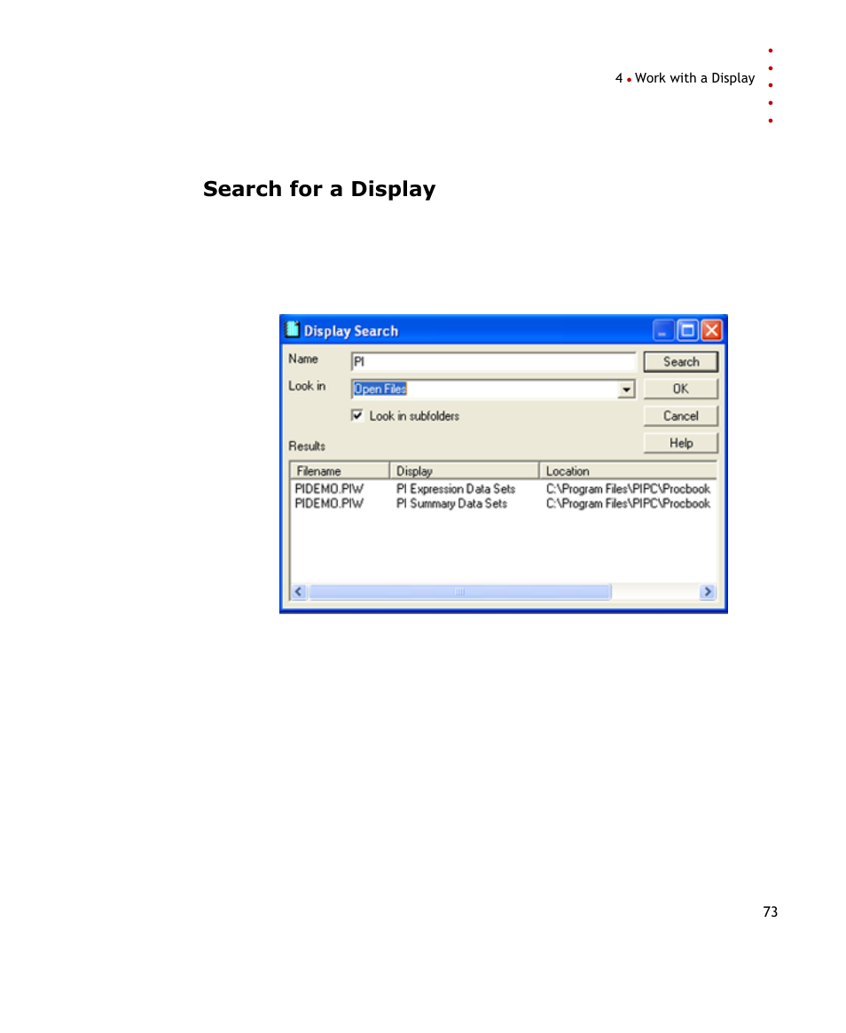 Search for a display | Rockwell Automation FactoryTalk Historian SE ProcessBook 3.2 User Guide User Manual | Page 91 / 378