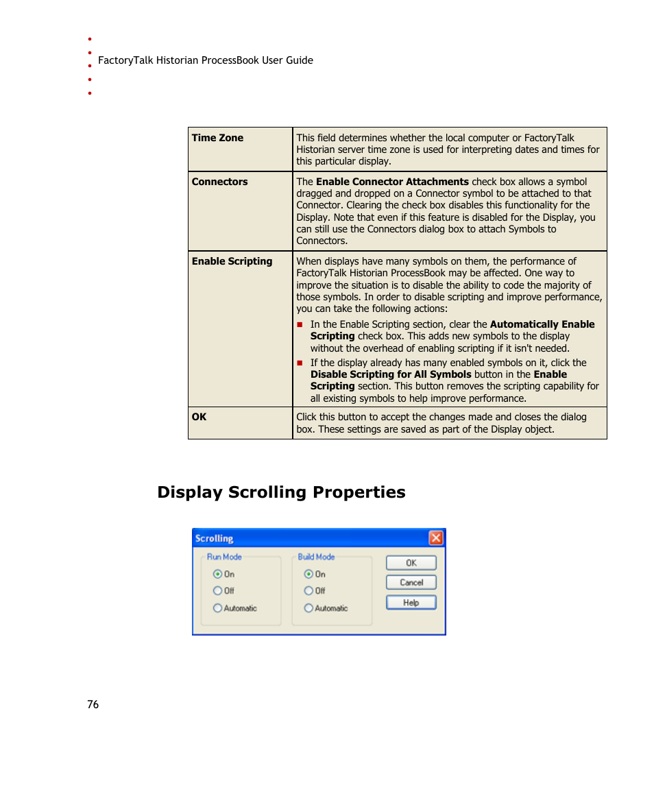 Display scrolling properties, Review the following for additional information | Rockwell Automation FactoryTalk Historian SE ProcessBook 3.2 User Guide User Manual | Page 94 / 378