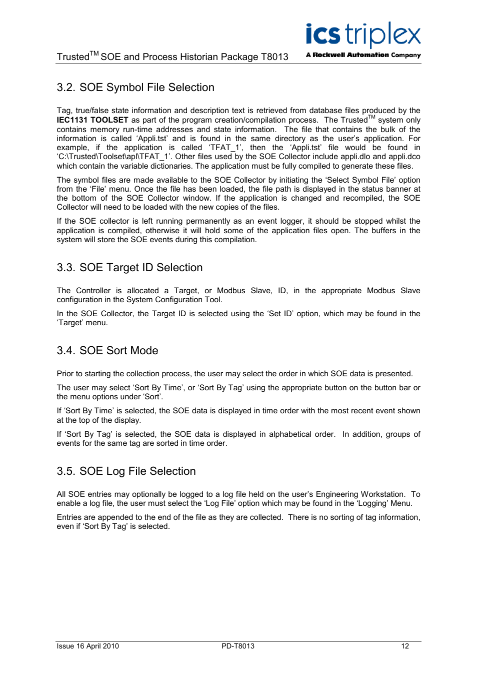 Soe symbol file selection, Soe target id selection, Soe sort mode | Soe log file selection | Rockwell Automation T8013 Trusted SOE and Process Historian Package User Manual | Page 12 / 28