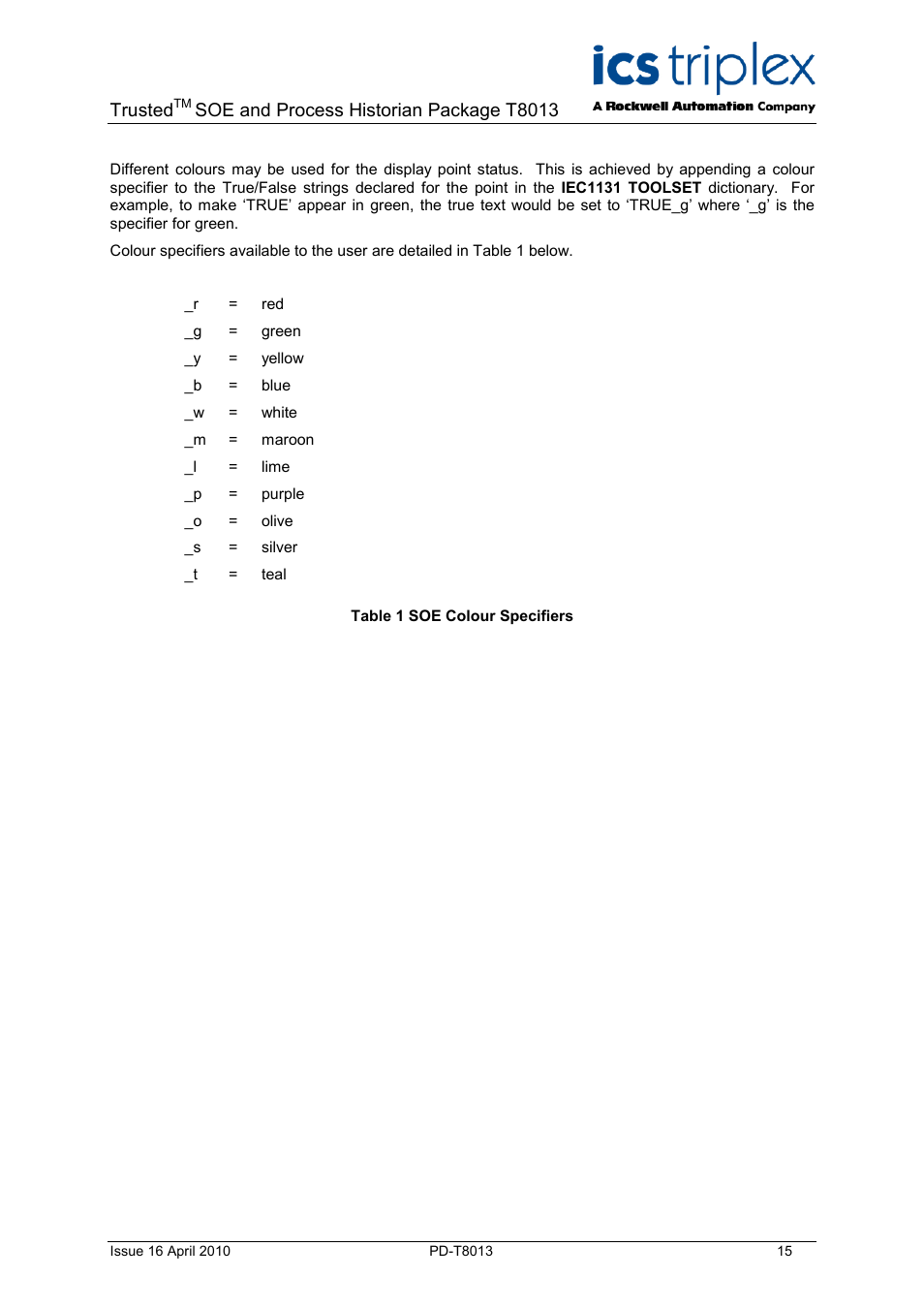 Table 1 soe colour specifiers, Trusted, Soe and process historian package t8013 | Rockwell Automation T8013 Trusted SOE and Process Historian Package User Manual | Page 15 / 28