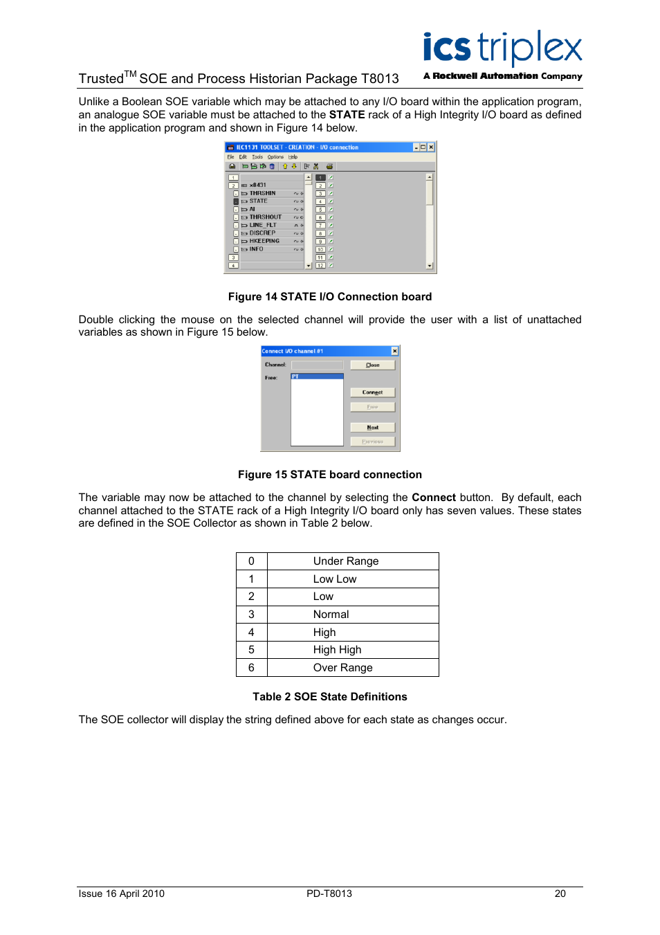 Figure 14 state i/o connection board, Figure 15 state board connection, Table 2 soe state definitions | Trusted, Soe and process historian package t8013 | Rockwell Automation T8013 Trusted SOE and Process Historian Package User Manual | Page 20 / 28