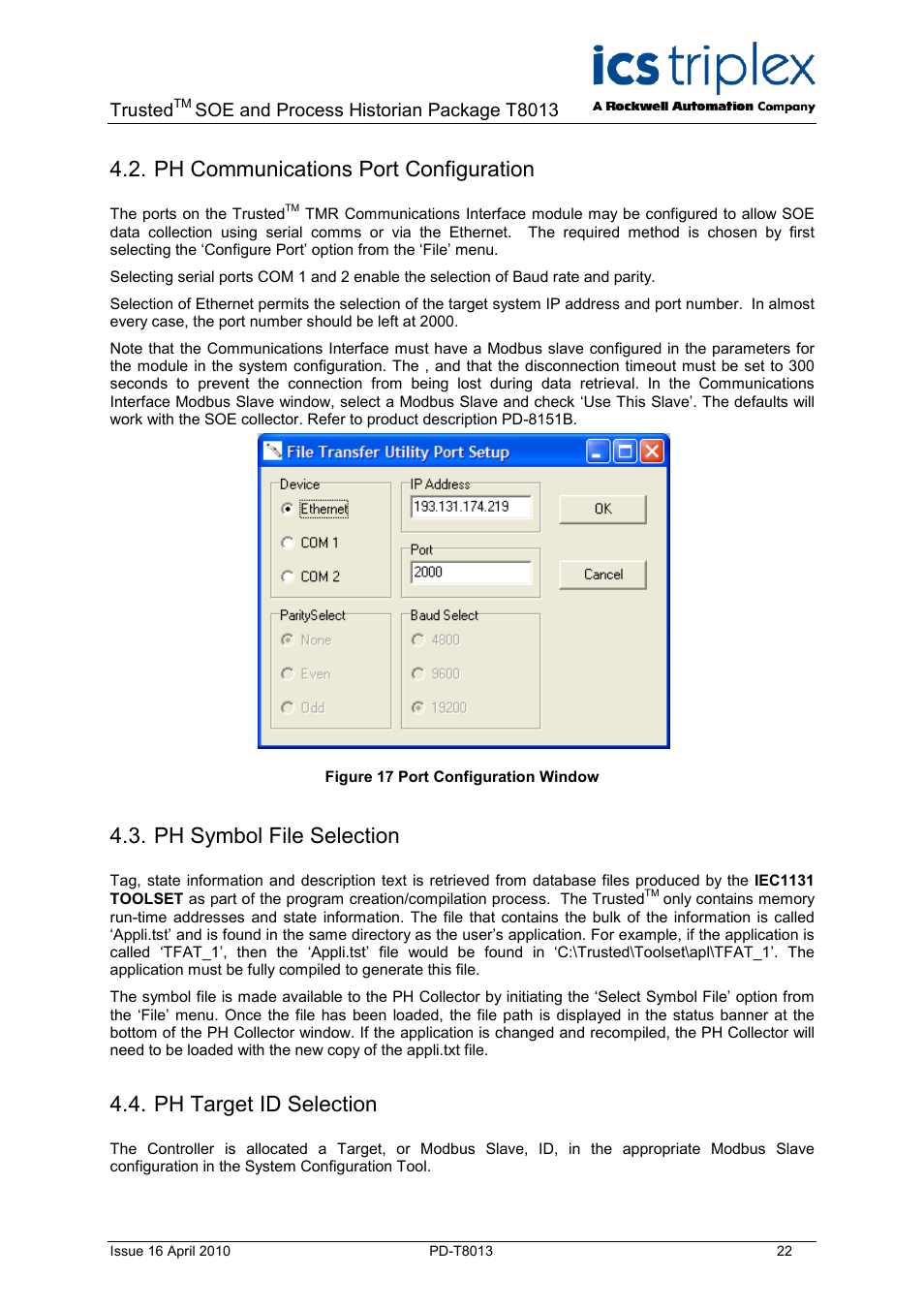 Ph communications port configuration, Ph symbol file selection, Ph target id selection | Figure 17 port configuration window, Trusted, Soe and process historian package t8013 | Rockwell Automation T8013 Trusted SOE and Process Historian Package User Manual | Page 22 / 28