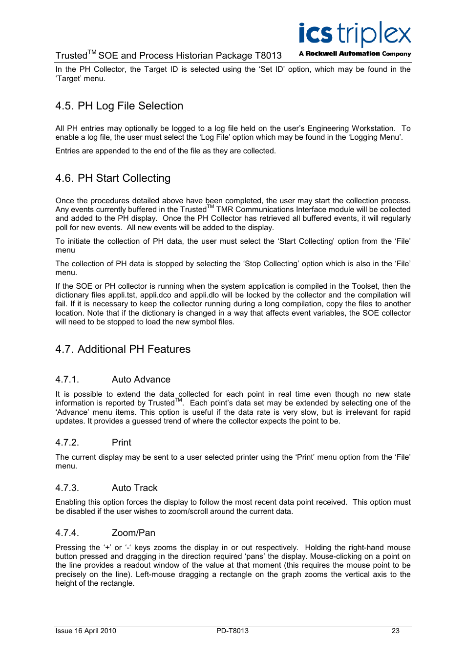 Ph log file selection, Ph start collecting, Additional ph features | Auto advance, Print, Auto track, Zoom/pan | Rockwell Automation T8013 Trusted SOE and Process Historian Package User Manual | Page 23 / 28