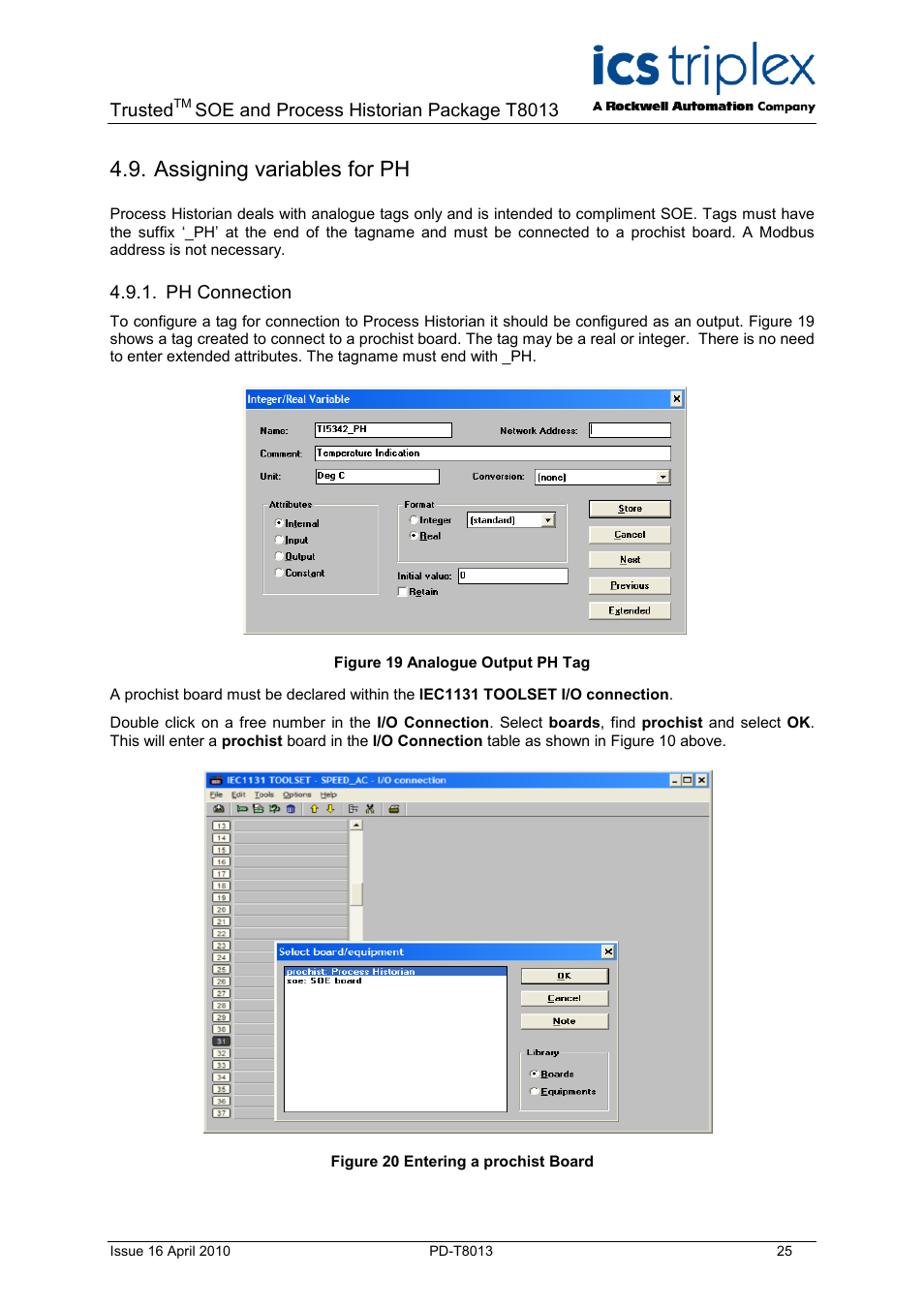Assigning variables for ph, Ph connection, Figure 19 analogue output ph tag | Figure 20 entering a prochist board | Rockwell Automation T8013 Trusted SOE and Process Historian Package User Manual | Page 25 / 28