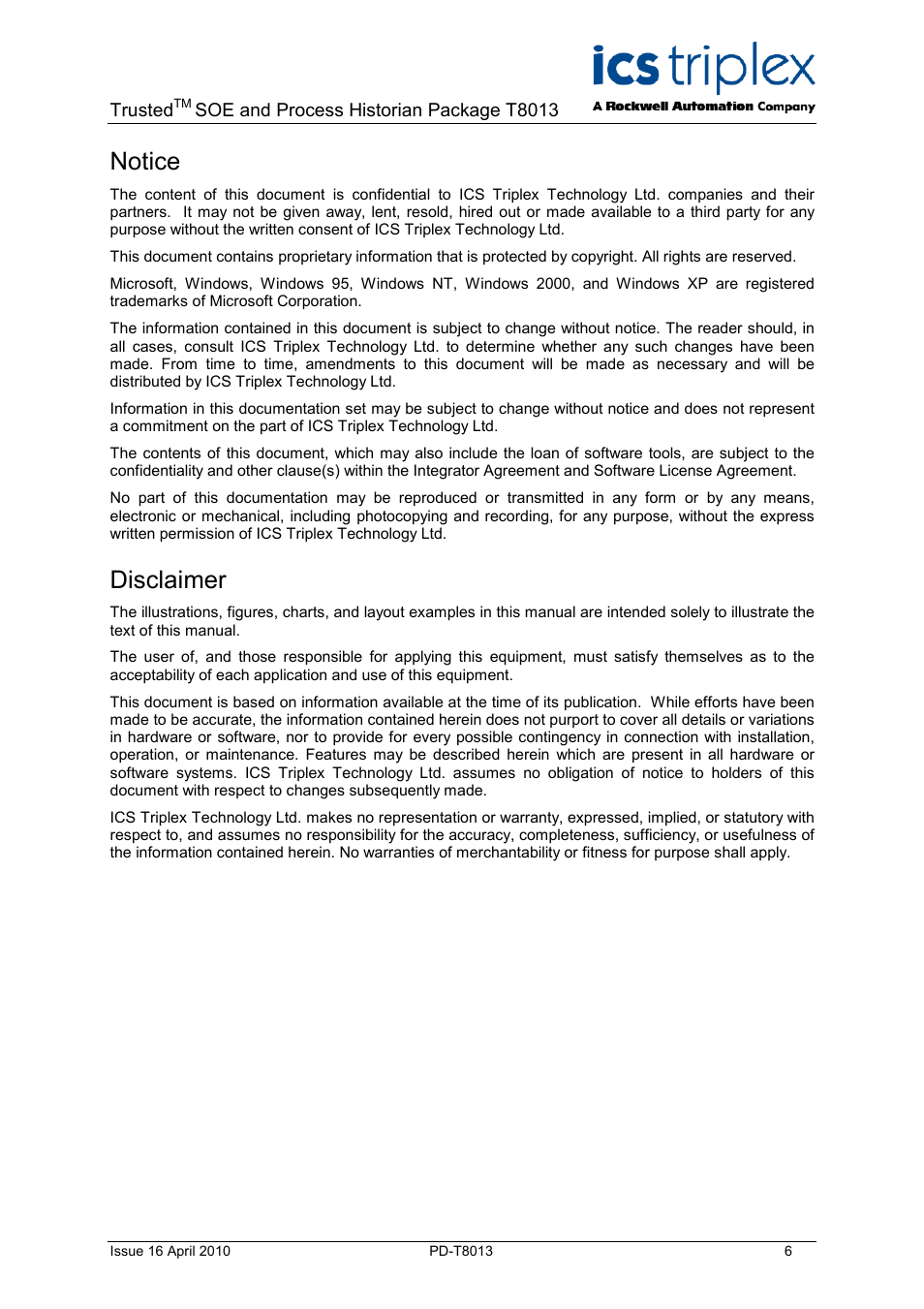 Notice, Disclaimer | Rockwell Automation T8013 Trusted SOE and Process Historian Package User Manual | Page 6 / 28