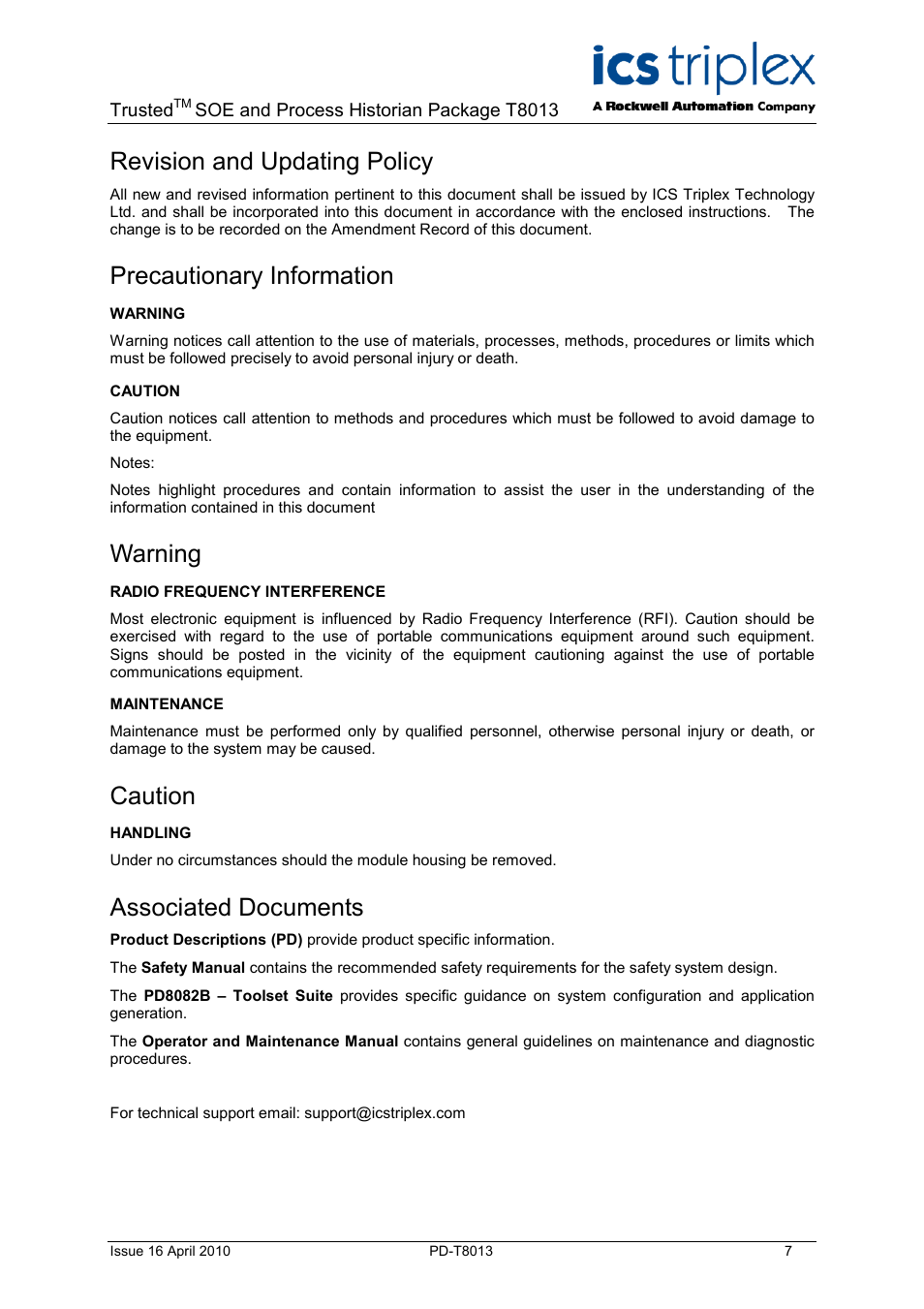 Installation, Revision and updating policy, Precautionary information | Warning, Caution, Associated documents | Rockwell Automation T8013 Trusted SOE and Process Historian Package User Manual | Page 7 / 28
