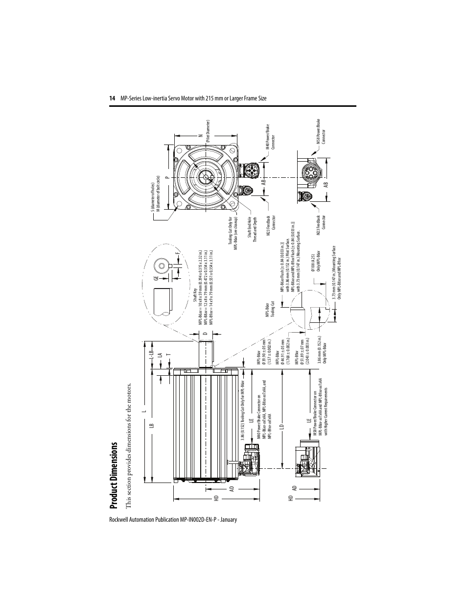 Product dimensions, Produc t d imensions | Rockwell Automation MPL-xxxx Low Inertia Servo Motor 215 mm or Larger  User Manual | Page 14 / 24