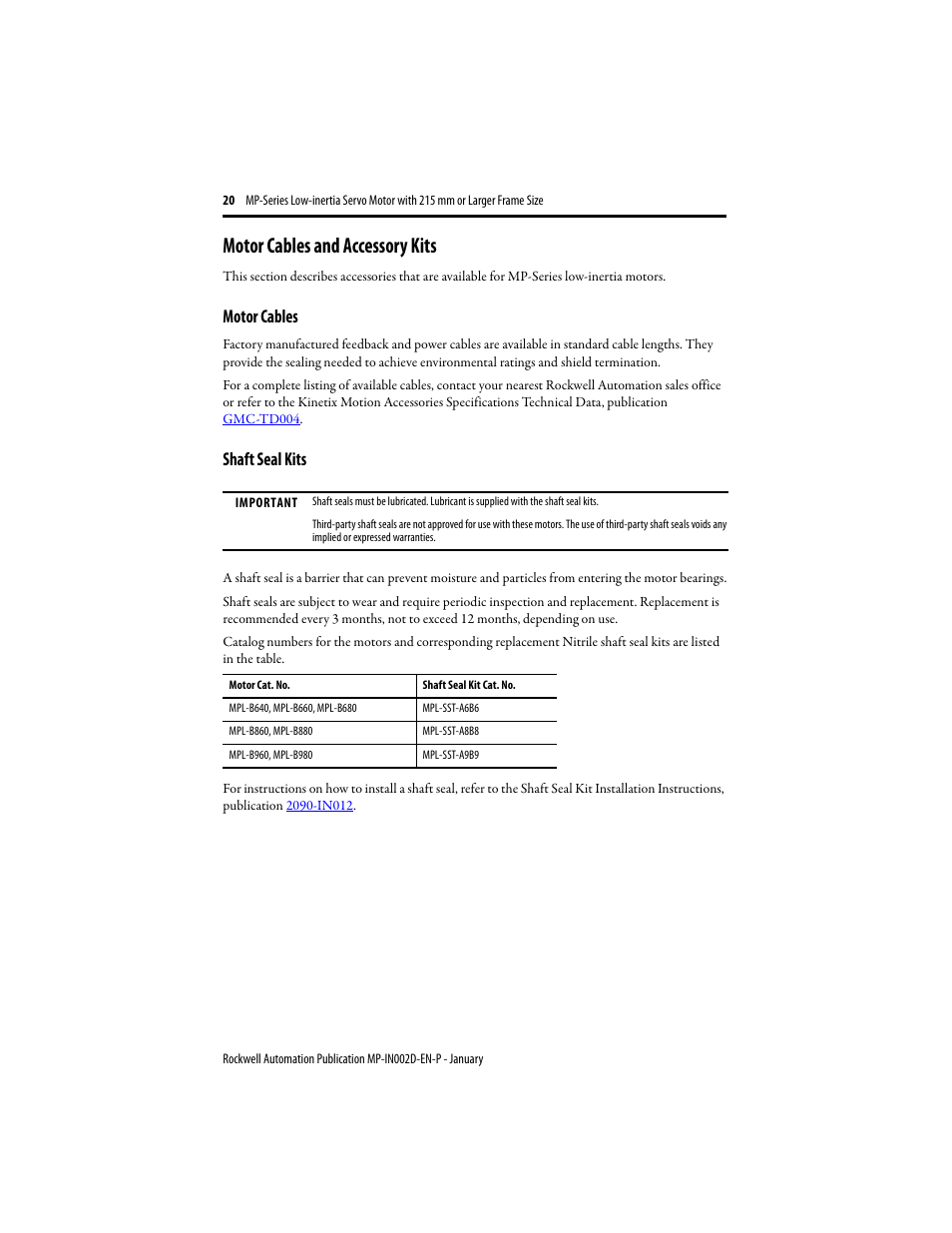 Motor cables and accessory kits, Motor cables, Shaft seal kits | Rockwell Automation MPL-xxxx Low Inertia Servo Motor 215 mm or Larger  User Manual | Page 20 / 24