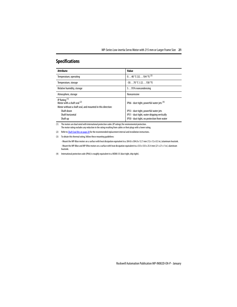Specifications, Specifications 21 | Rockwell Automation MPL-xxxx Low Inertia Servo Motor 215 mm or Larger  User Manual | Page 21 / 24