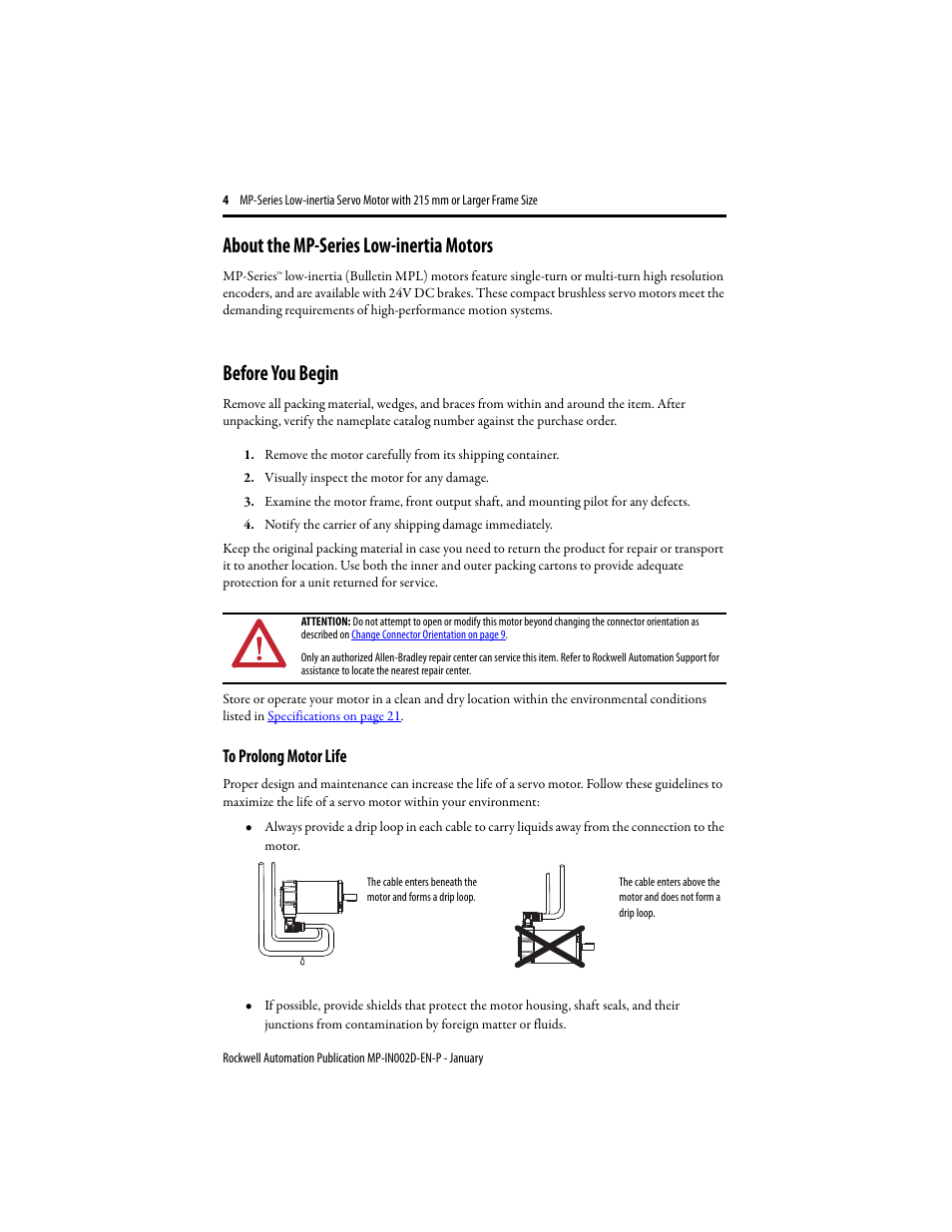 About the mp-series low-inertia motors, Before you begin, To prolong motor life | Rockwell Automation MPL-xxxx Low Inertia Servo Motor 215 mm or Larger  User Manual | Page 4 / 24