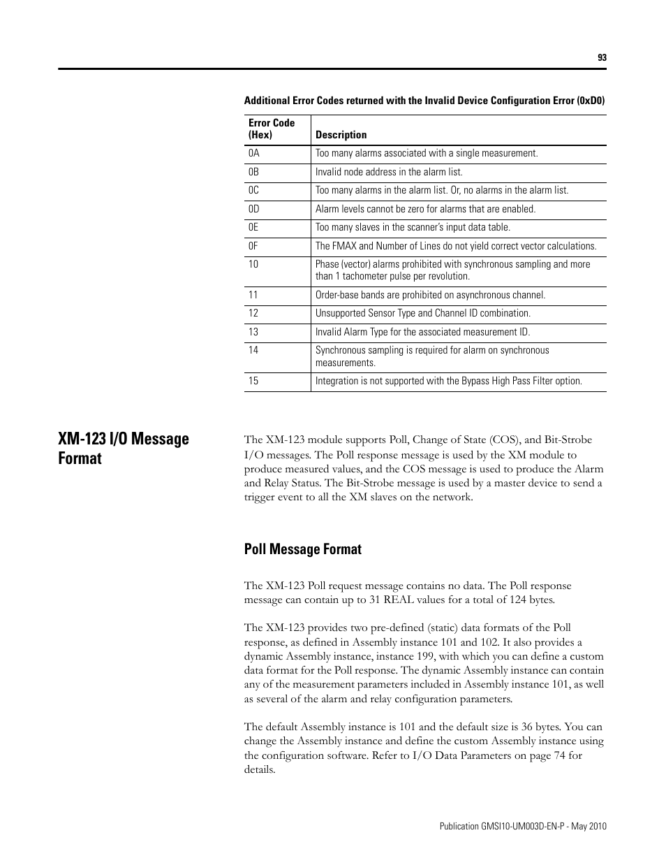 Xm-123 i/o message format, Poll message format | Rockwell Automation 1440-VAD02-01RA XM-123 Aeroderivative Module User Manual | Page 101 / 166