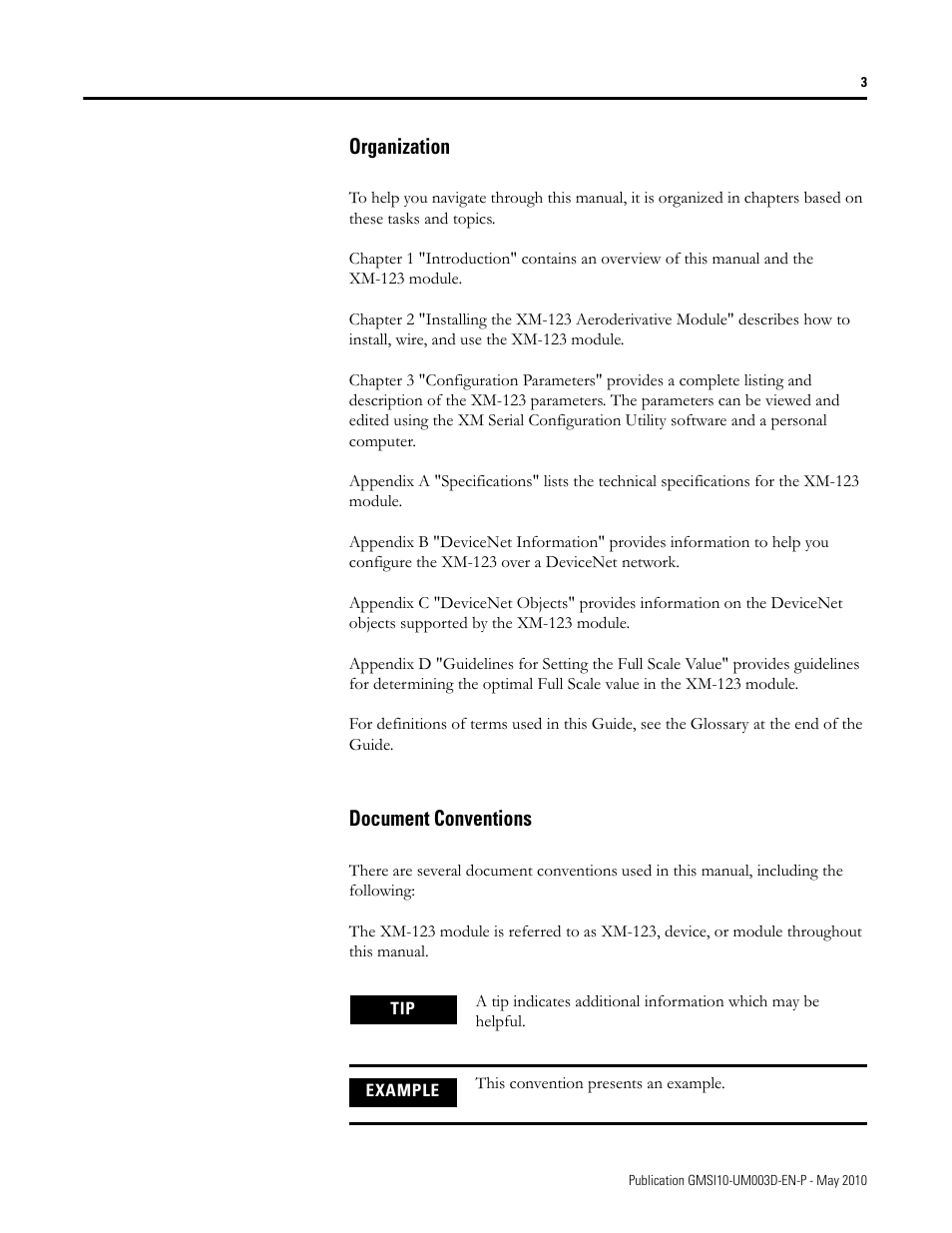 Organization, Document conventions, Organization document conventions | Rockwell Automation 1440-VAD02-01RA XM-123 Aeroderivative Module User Manual | Page 11 / 166