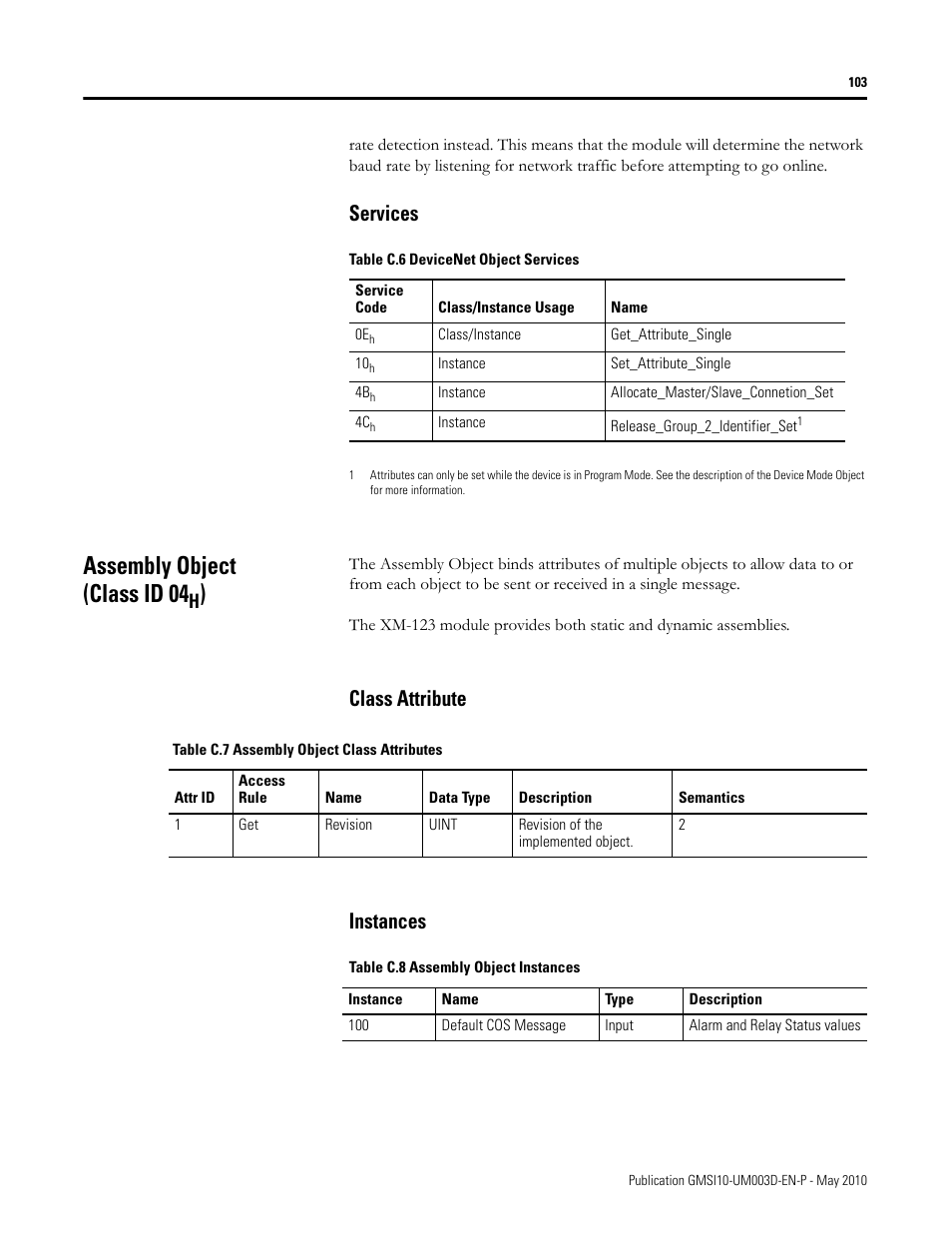 Assembly object (class id 04h), Class attribute, Instances | Class attribute instances, Assembly object (class id 04, Services | Rockwell Automation 1440-VAD02-01RA XM-123 Aeroderivative Module User Manual | Page 111 / 166