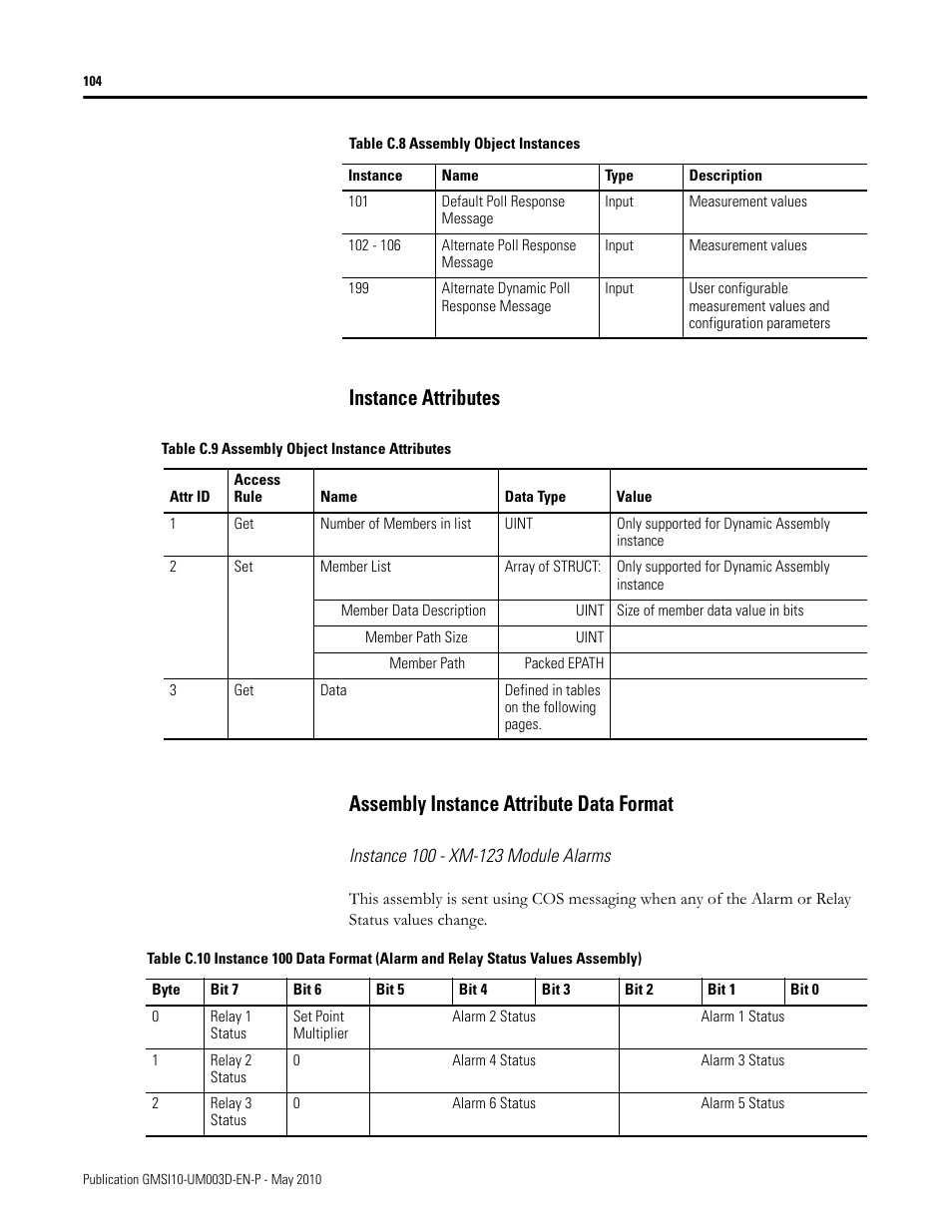Instance attributes, Assembly instance attribute data format | Rockwell Automation 1440-VAD02-01RA XM-123 Aeroderivative Module User Manual | Page 112 / 166