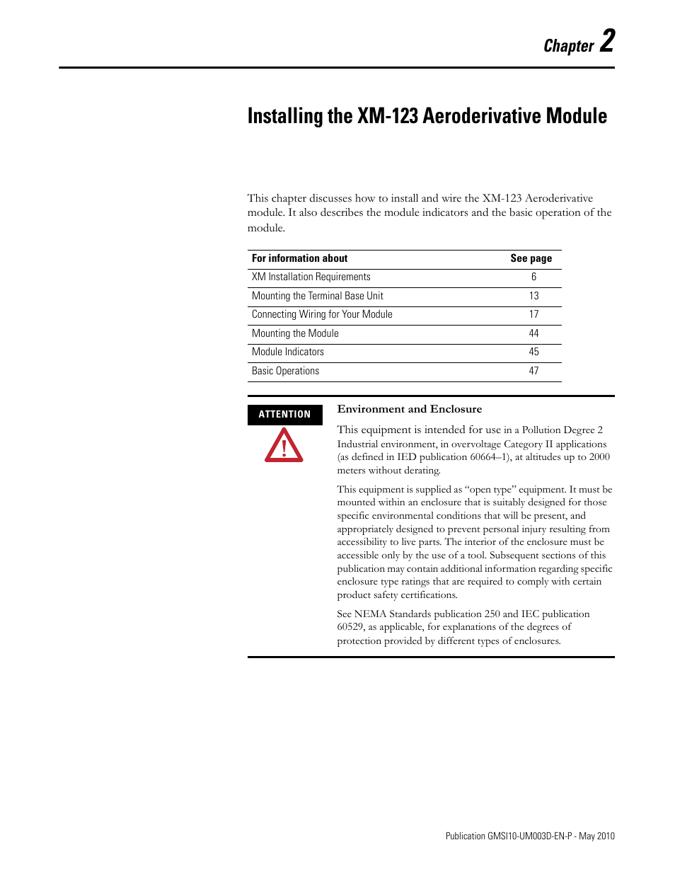 Installing the xm-123 aeroderivative module, Chapter 2, Chapter | Rockwell Automation 1440-VAD02-01RA XM-123 Aeroderivative Module User Manual | Page 13 / 166