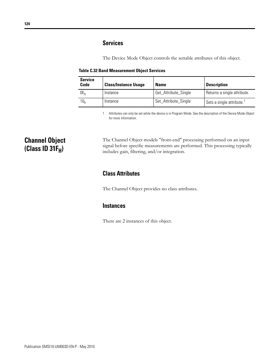 Services, Channel object (class id 31fh), Class attributes | Instances, Class attributes instances, Channel object (class id 31f | Rockwell Automation 1440-VAD02-01RA XM-123 Aeroderivative Module User Manual | Page 132 / 166