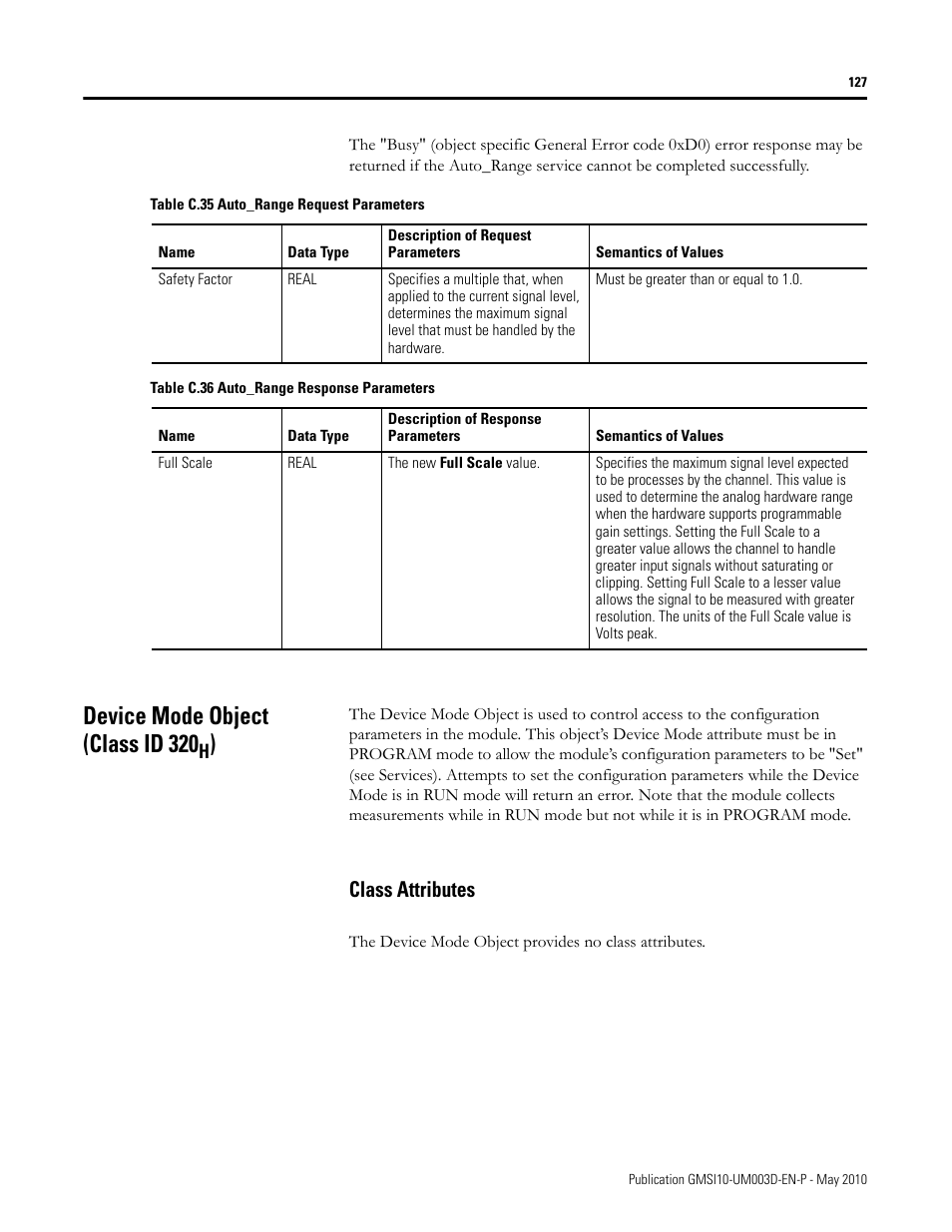Device mode object (class id 320h), Class attributes, Device mode object (class id 320 | Rockwell Automation 1440-VAD02-01RA XM-123 Aeroderivative Module User Manual | Page 135 / 166